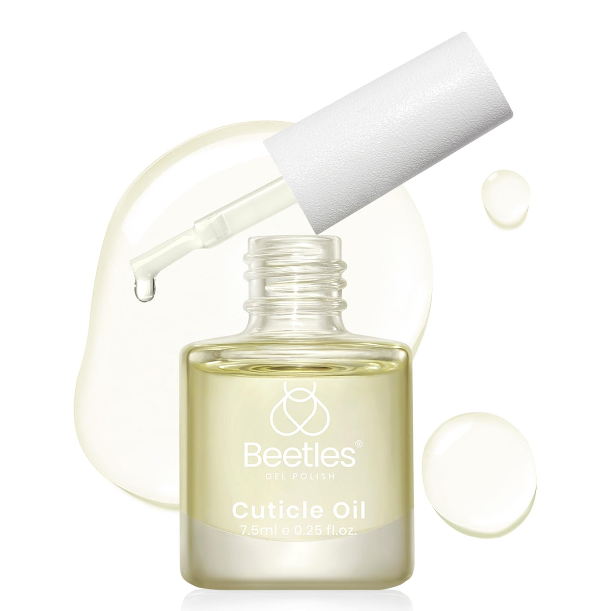 Beetles Cuticle Oil bottle cap image demonstrates easy brush-on daily care for nails.