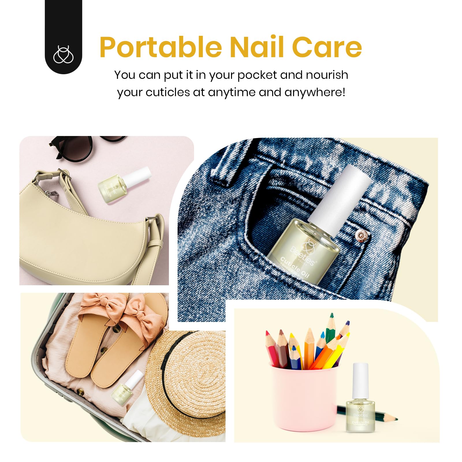 Beetles Cuticle Oil in-use-daily-care shows gentle, low-odor formula for routine nails.
