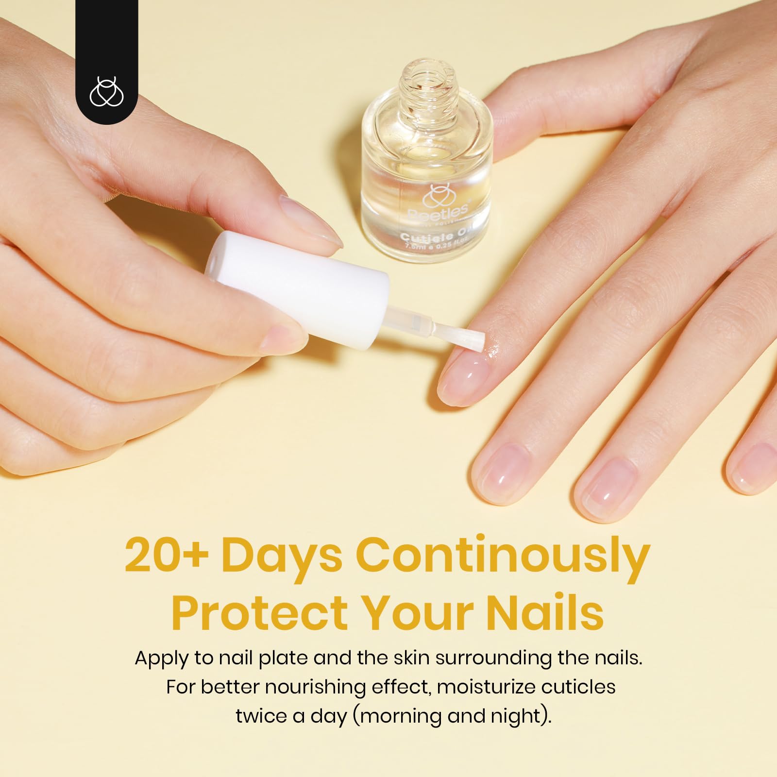 Beetles Cuticle Oil ingredients image features jojoba, olive oil, vitamin E for healthy care.