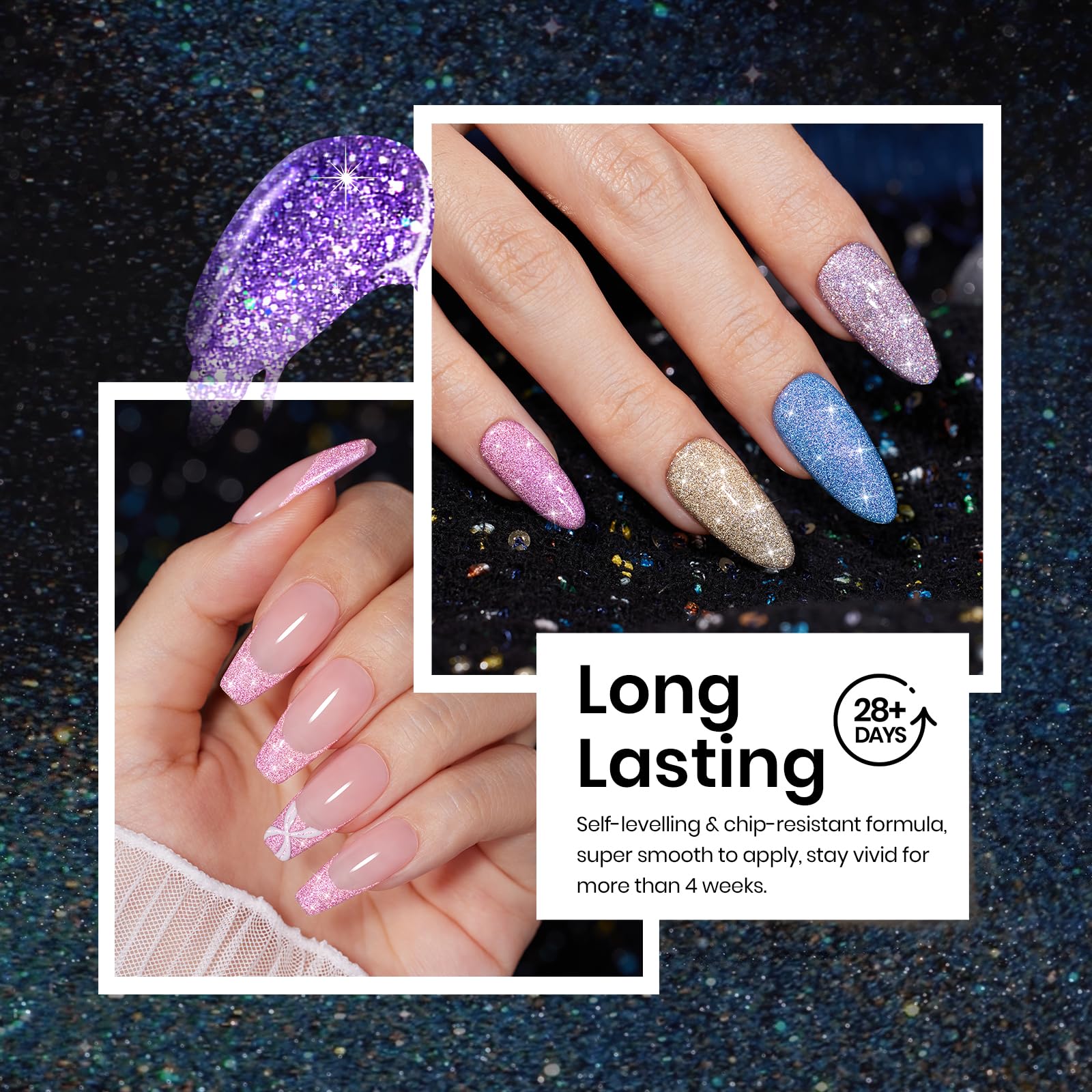 Beetles diamond-like glitter on nails offers dramatic shine for party looks.