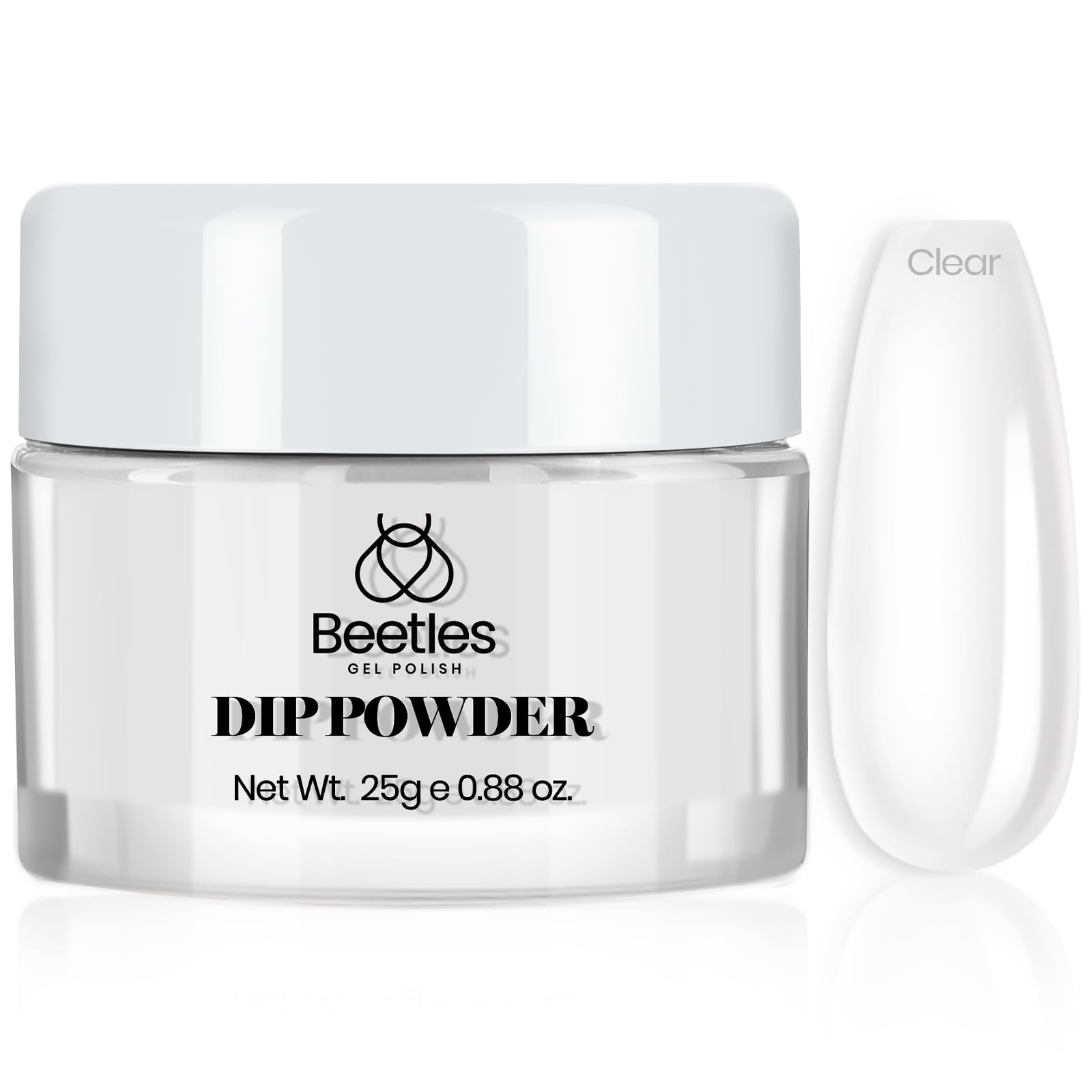 Beetles Dip Powder Clear 25g closeup shows crystal-clear finish for natural-looking nails