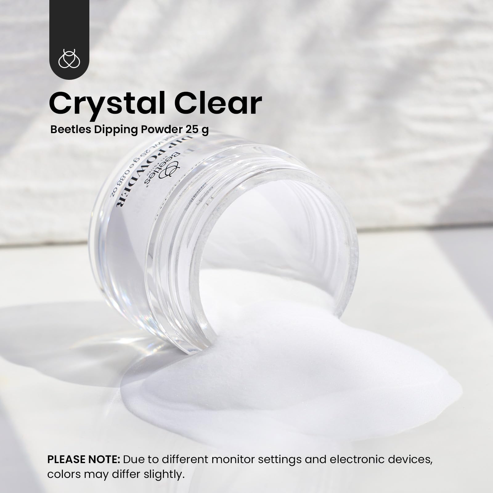 Beetles Dip Powder Clear swatch demonstrates versatile coverage for baselayers and French nail art