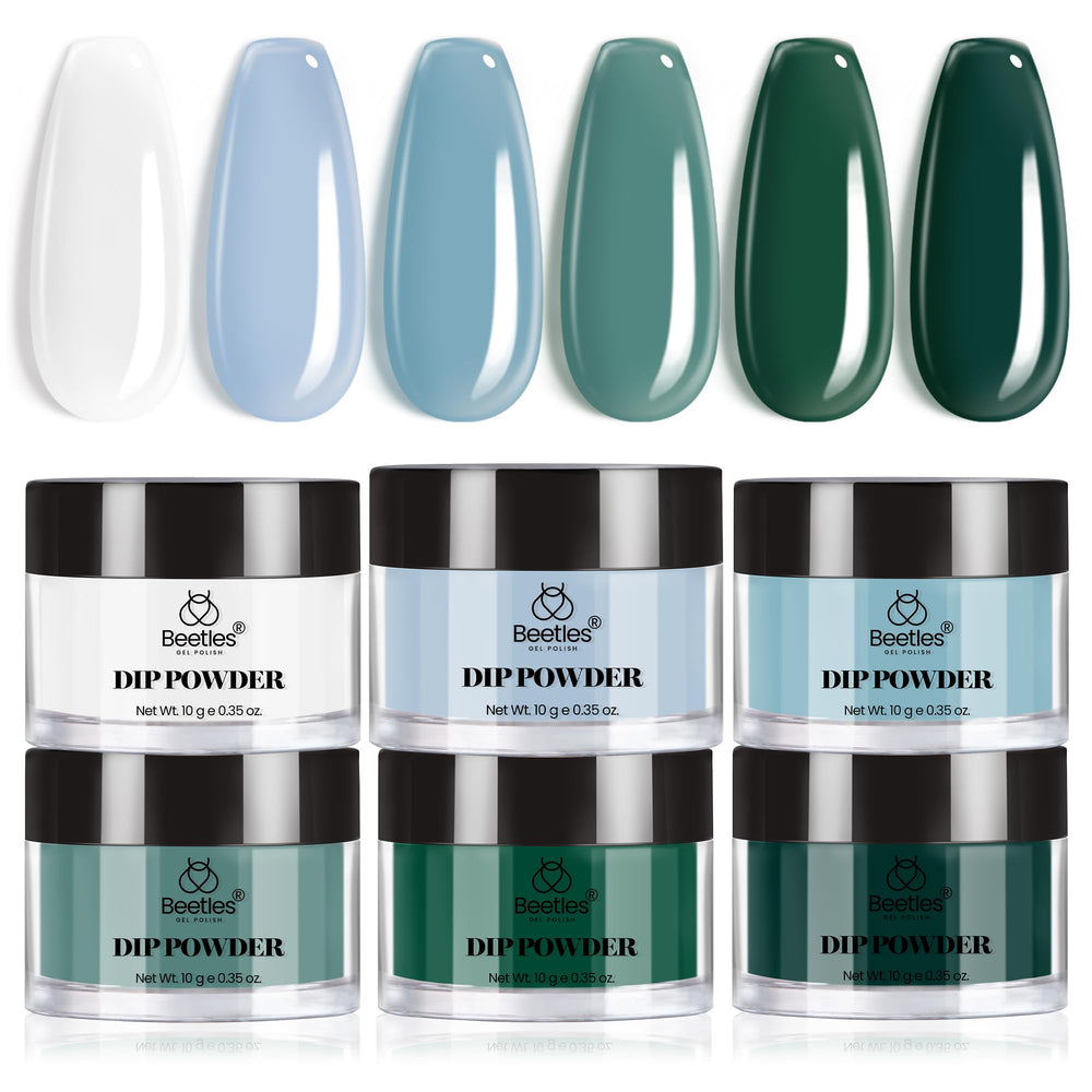 Beetles Dip Powder Kit color swatch showing six blue-green shades for versatile nail art