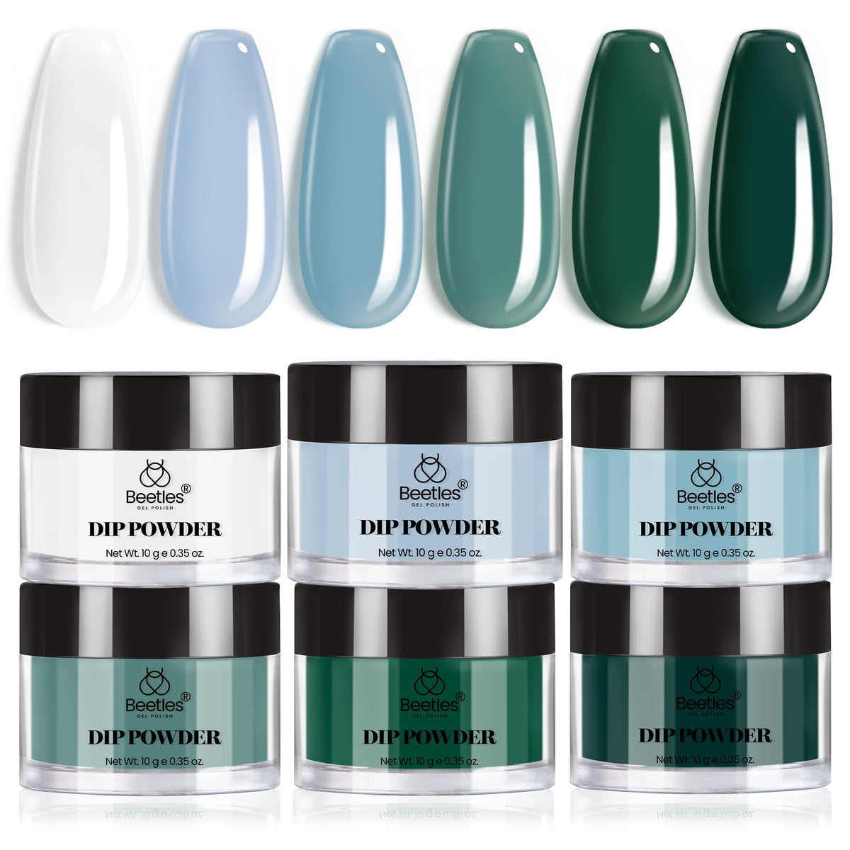 Beetles Dip Powder Kit color swatch showing six blue-green shades for versatile nail art