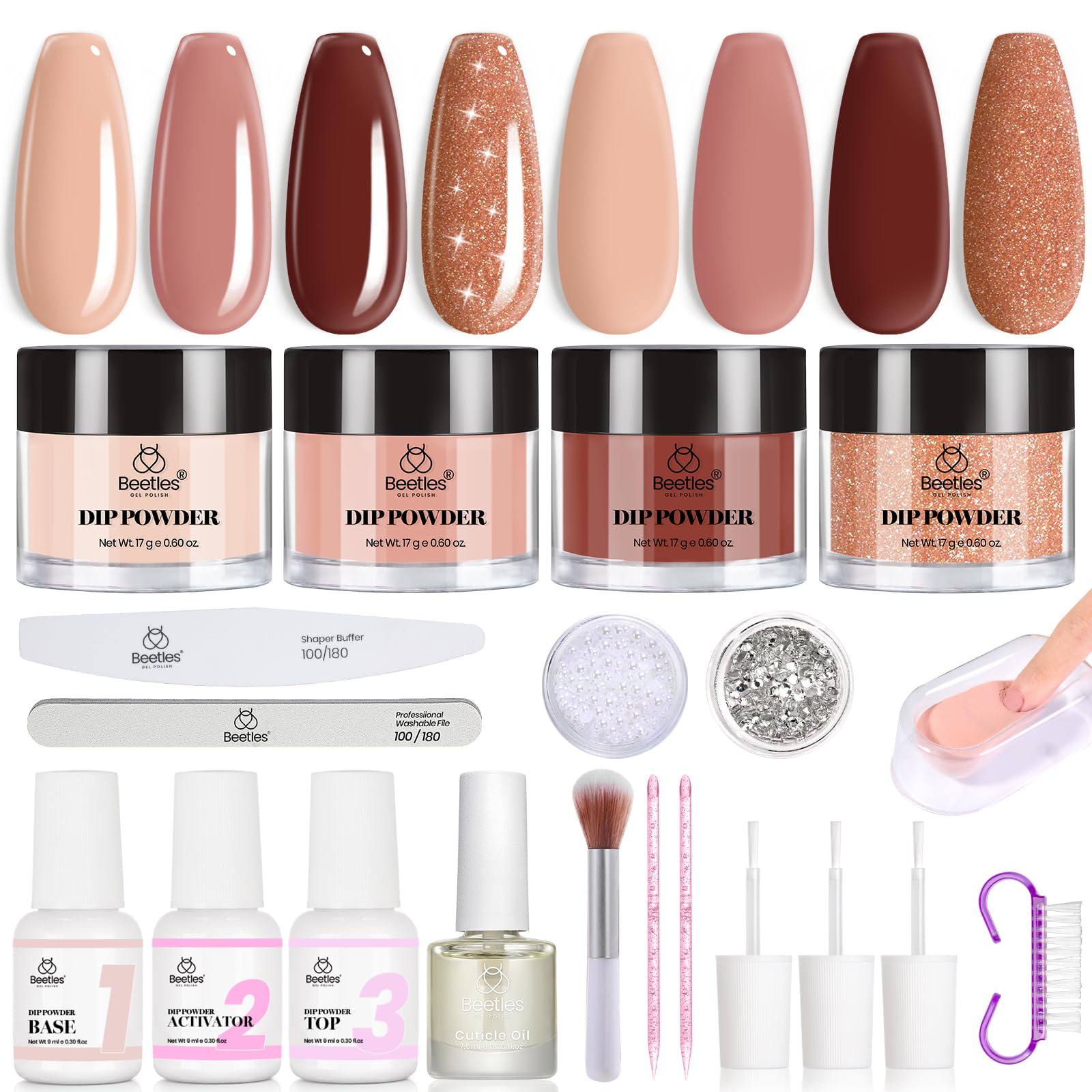 Beetles Dip Powder Nail Kit Espresso Glow contents for at-home manicure essentials.
