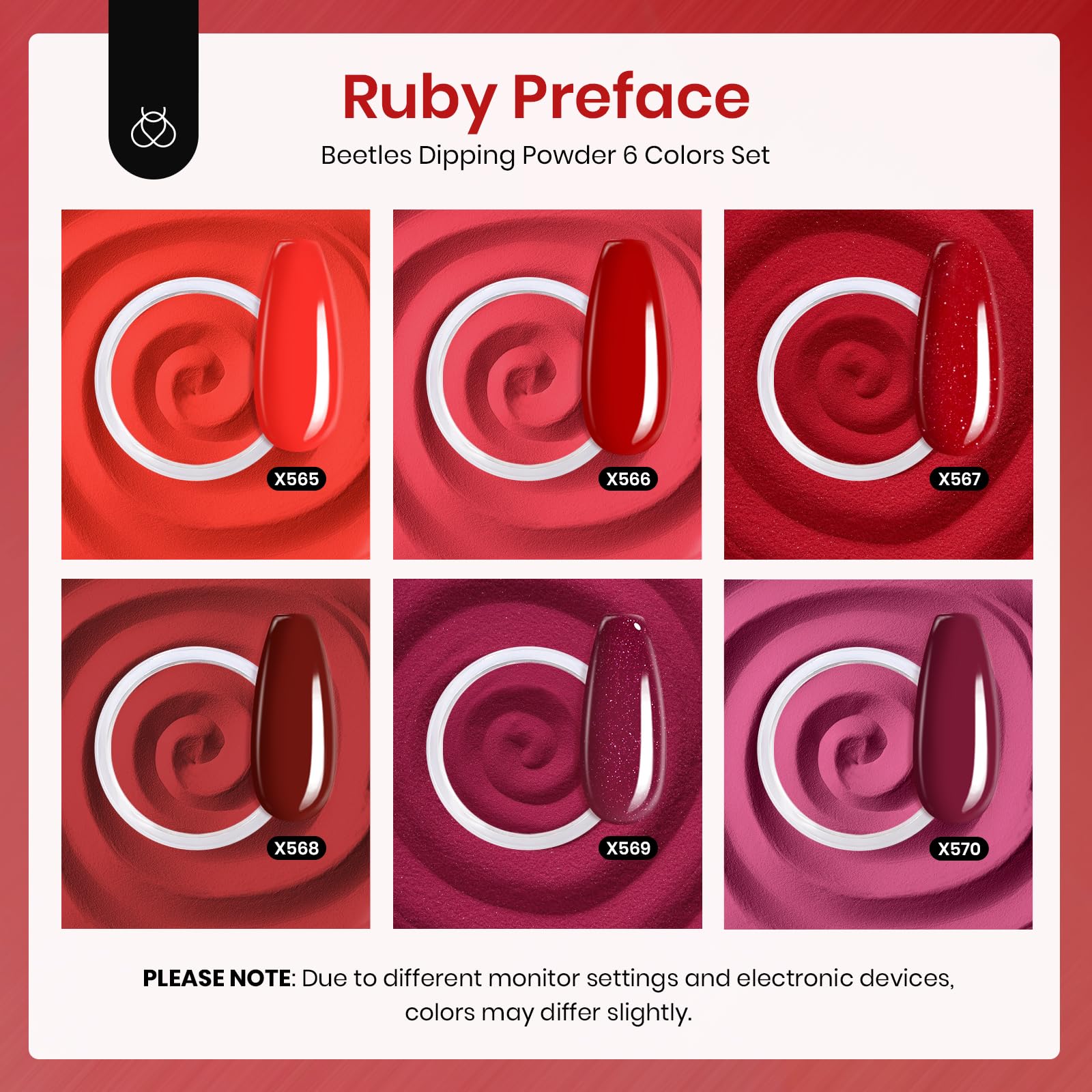 Beetles dip powder red glitter closeup enables precise, sparkling holiday nail art.