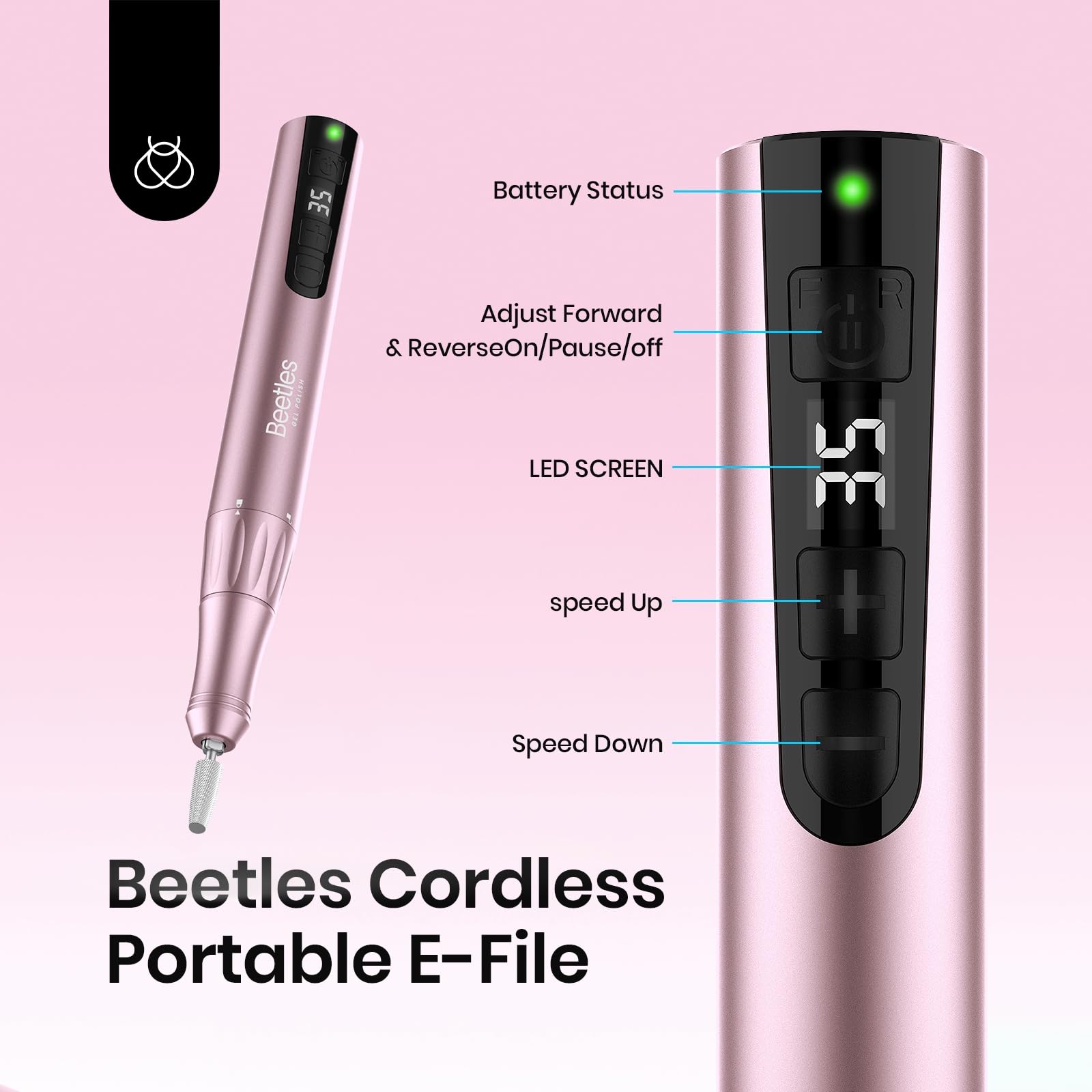 Beetles cordless nail drill rose gold handheld with bit for easy shaping