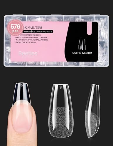 Beetles Etch X Nail Tips in medium coffin for sturdy DIY extensions.