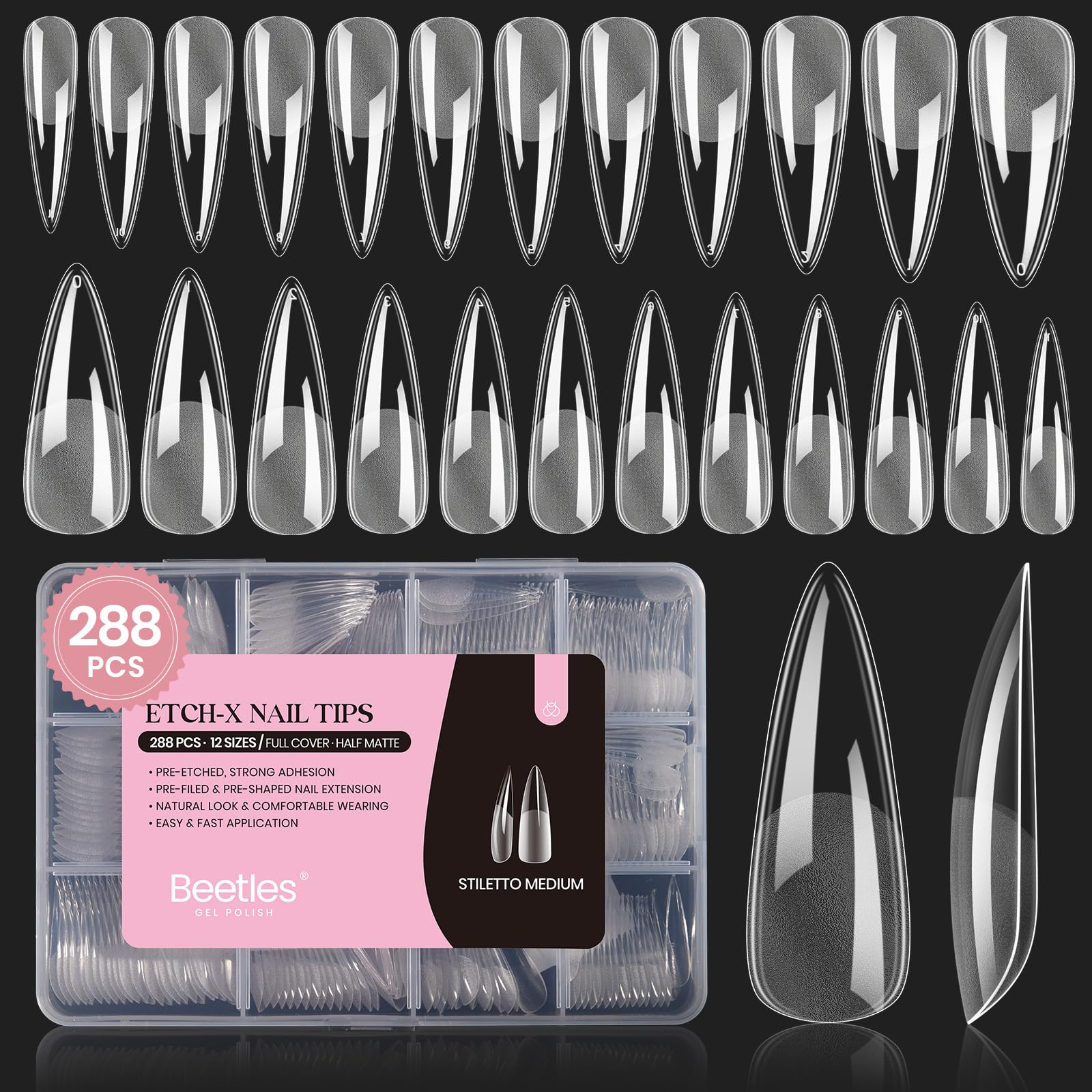 Beetles Etch-X stiletto tips close-up for easy application and natural look.