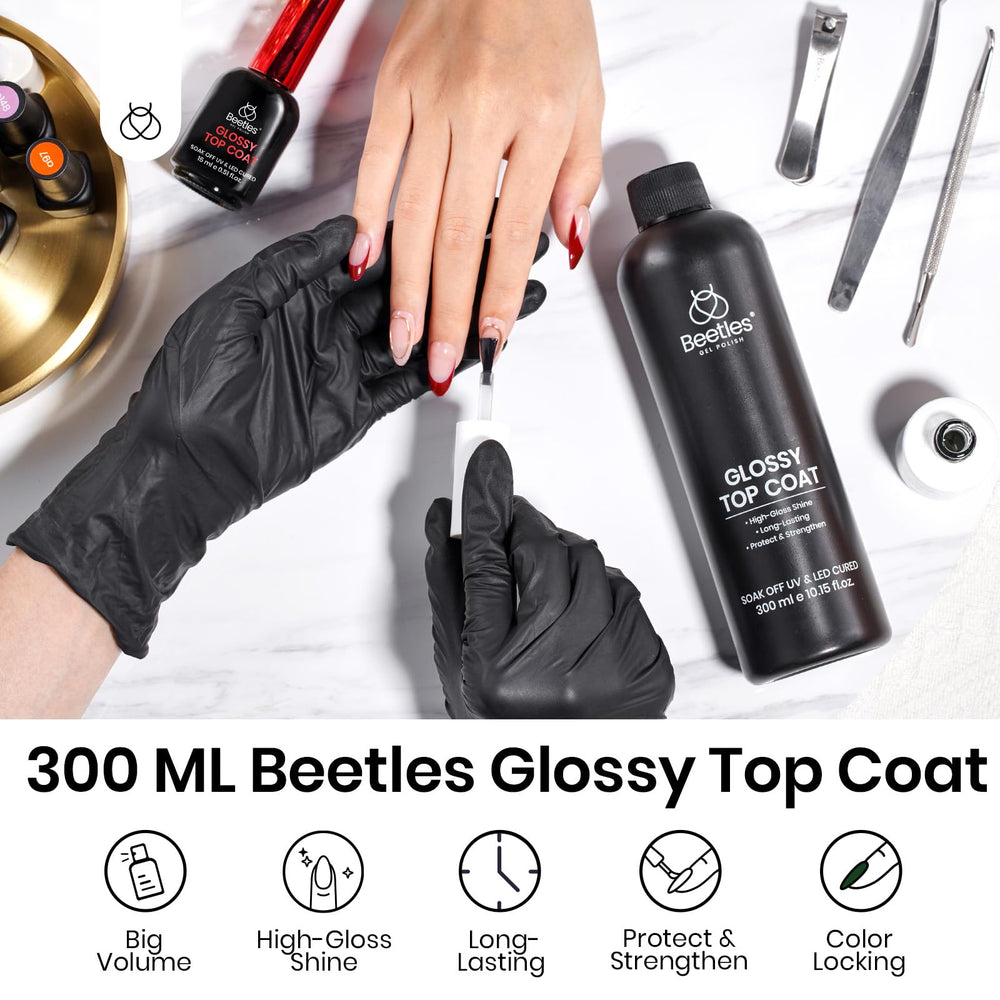Beetles Extra Glossy Top Coat 300ml bulk application on nails demonstrates long-lasting gloss.