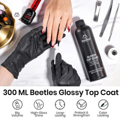 Beetles Extra Glossy Top Coat 300ml bulk application on nails demonstrates long-lasting gloss.