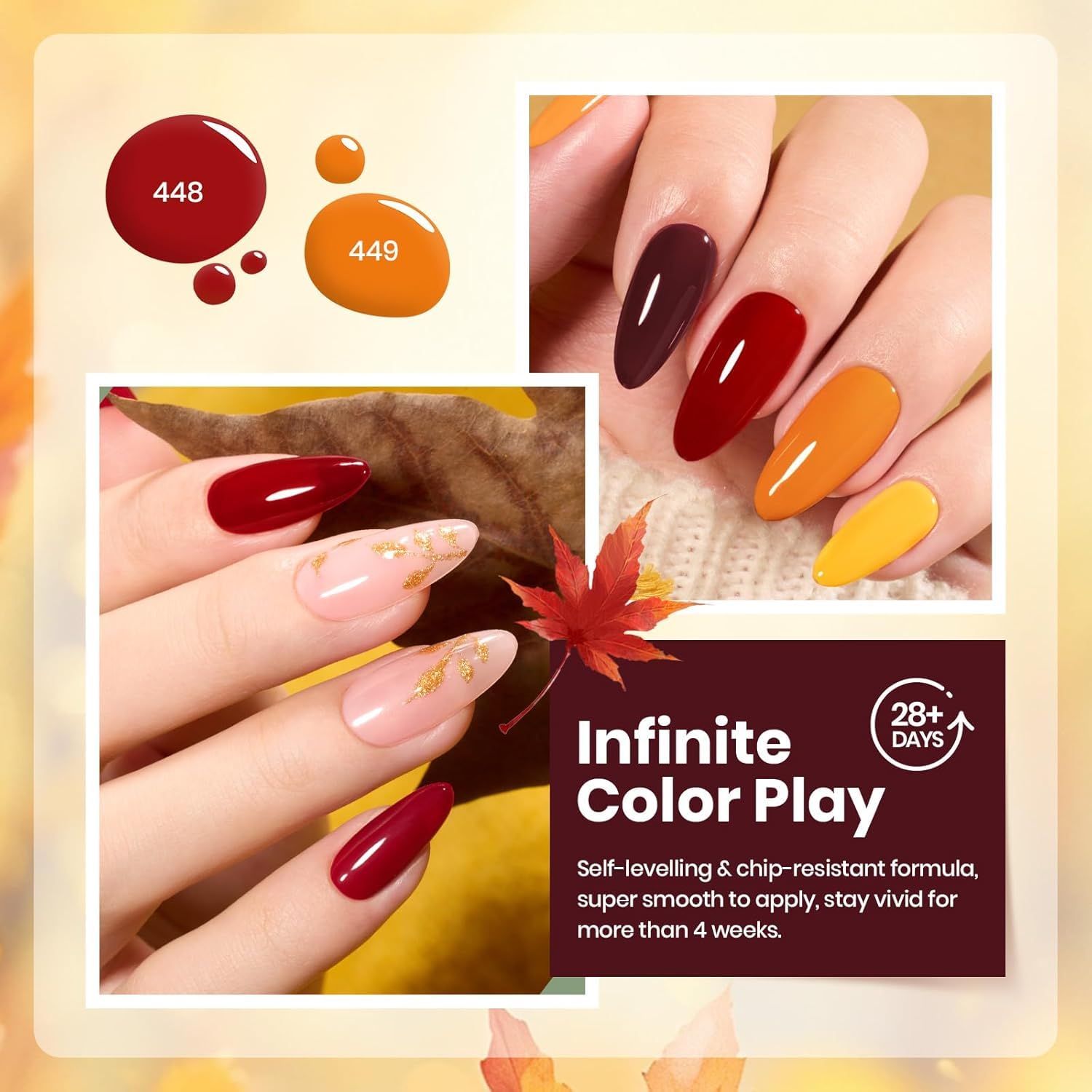 Beetles Fall Colors Swatch highlights rich yellows, reds, and browns for seasonal nails.