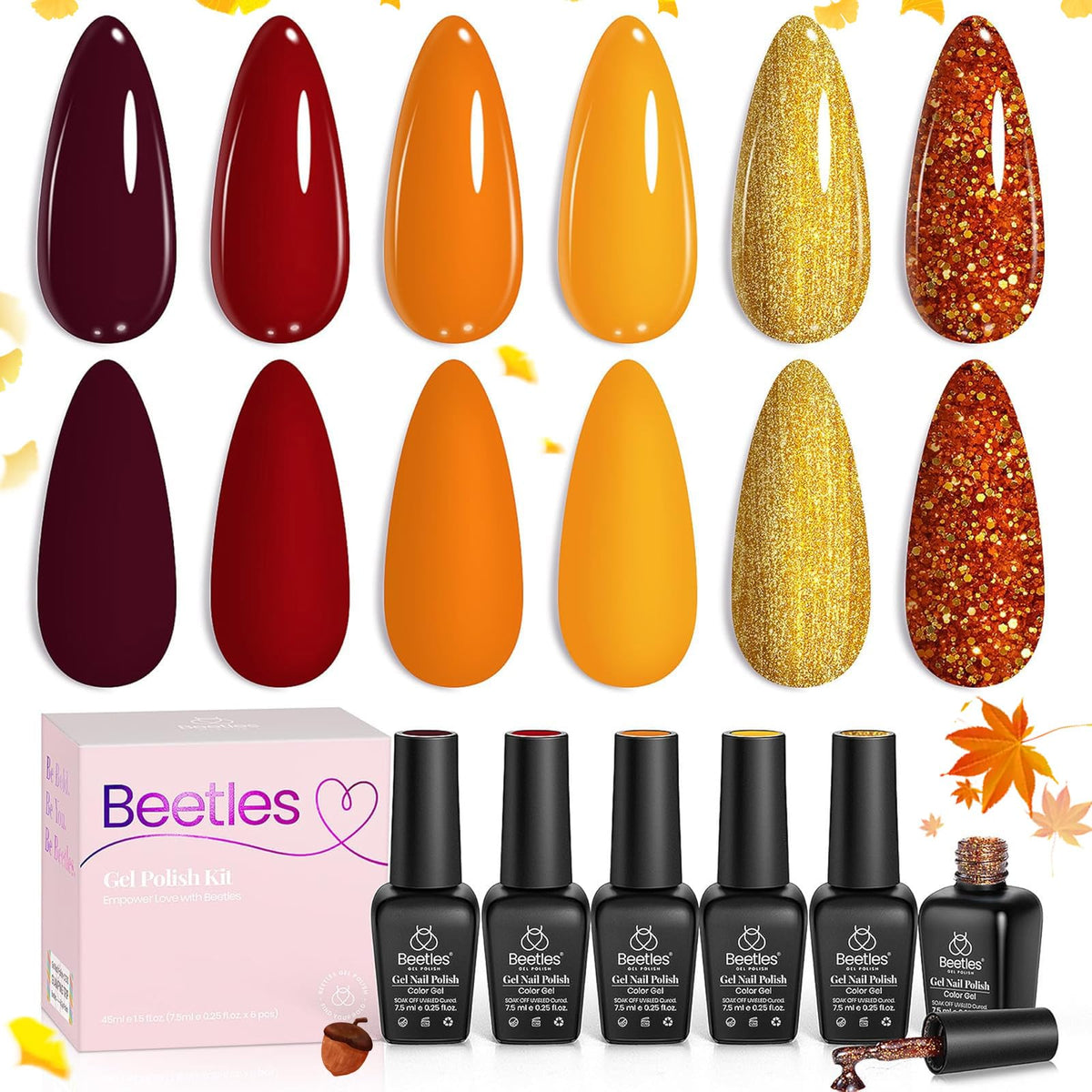 Beetles Fall Gel Nail Polish Set swatches show six autumn colors for versatile nail art.