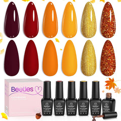 Beetles Fall Gel Nail Polish Set swatches show six autumn colors for versatile nail art.
