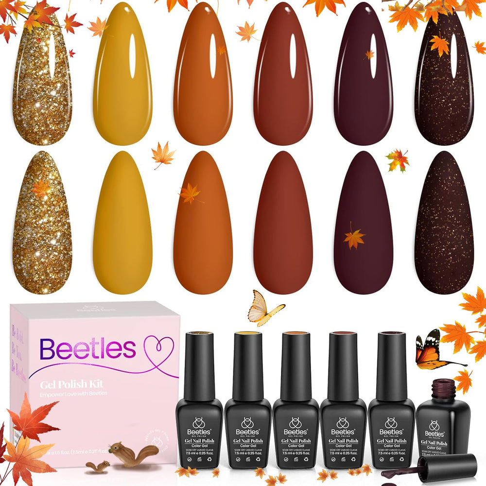 Beetles Fall Gel Nail Polish Set bottle collection showing six fall shades for versatile manicures