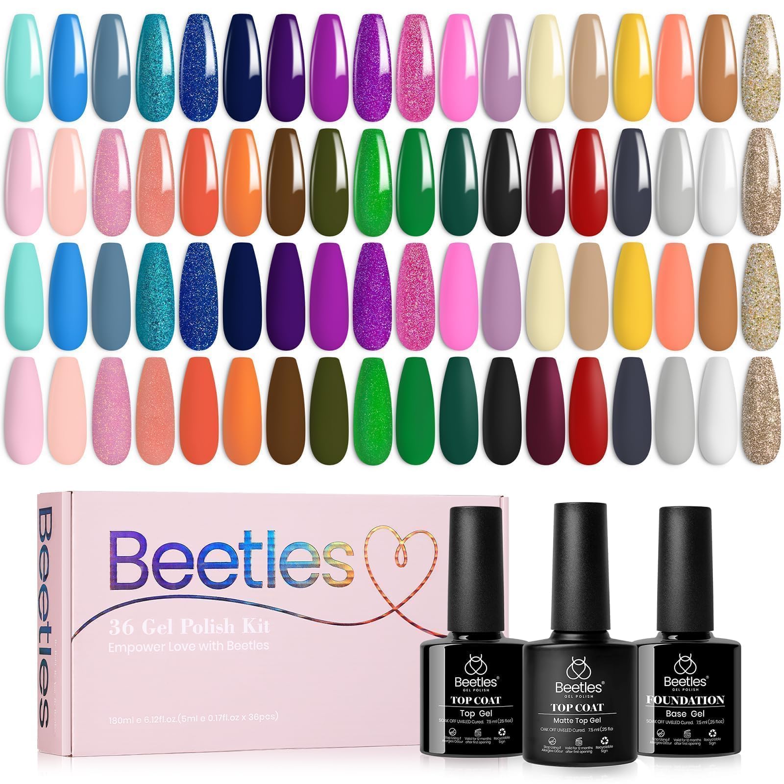 Beetles Fall Gel Set packaging contents image confirms three bases and top coats included.