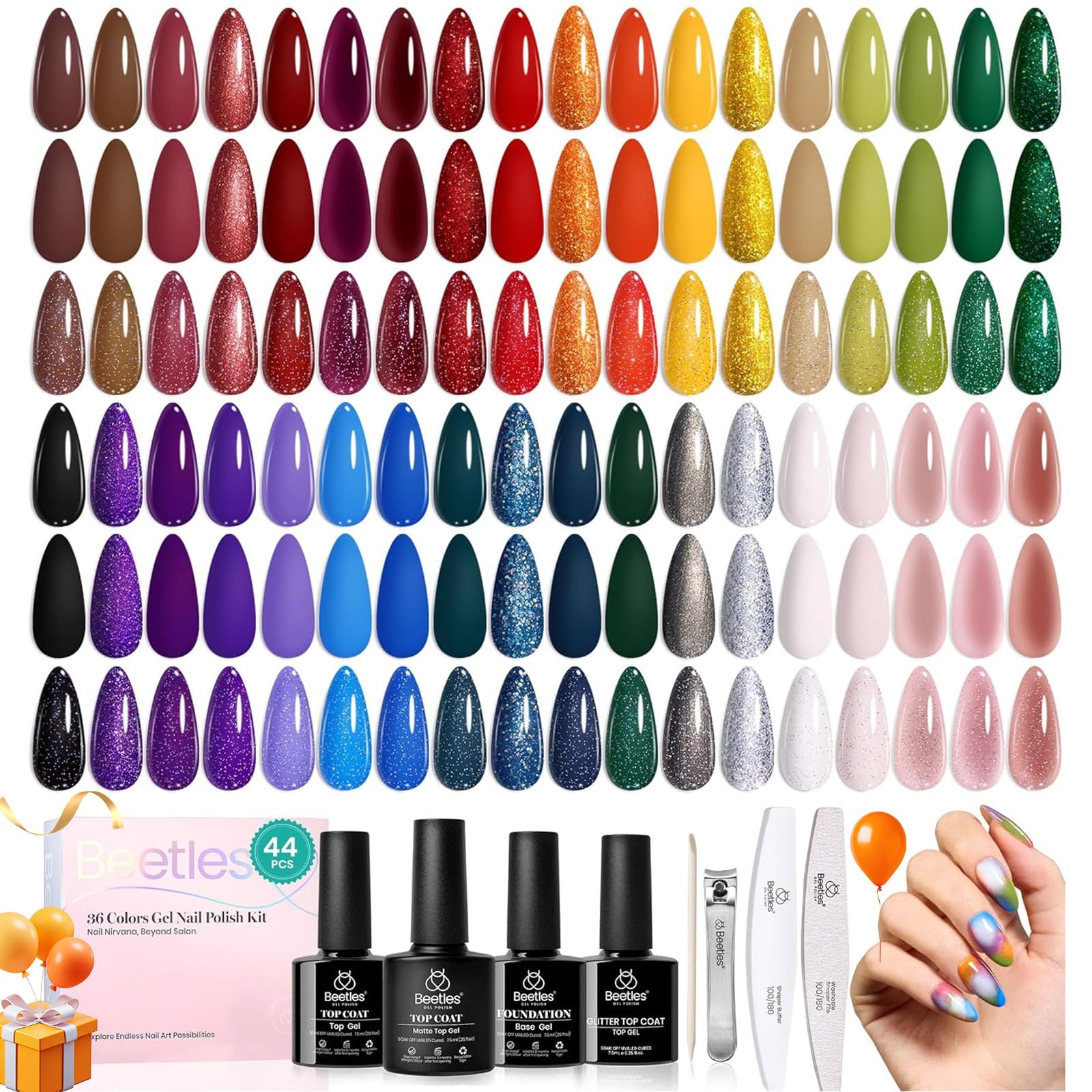 Beetles Fall Gel Nail Kit cover shot showing 36 colors for versatile manicures