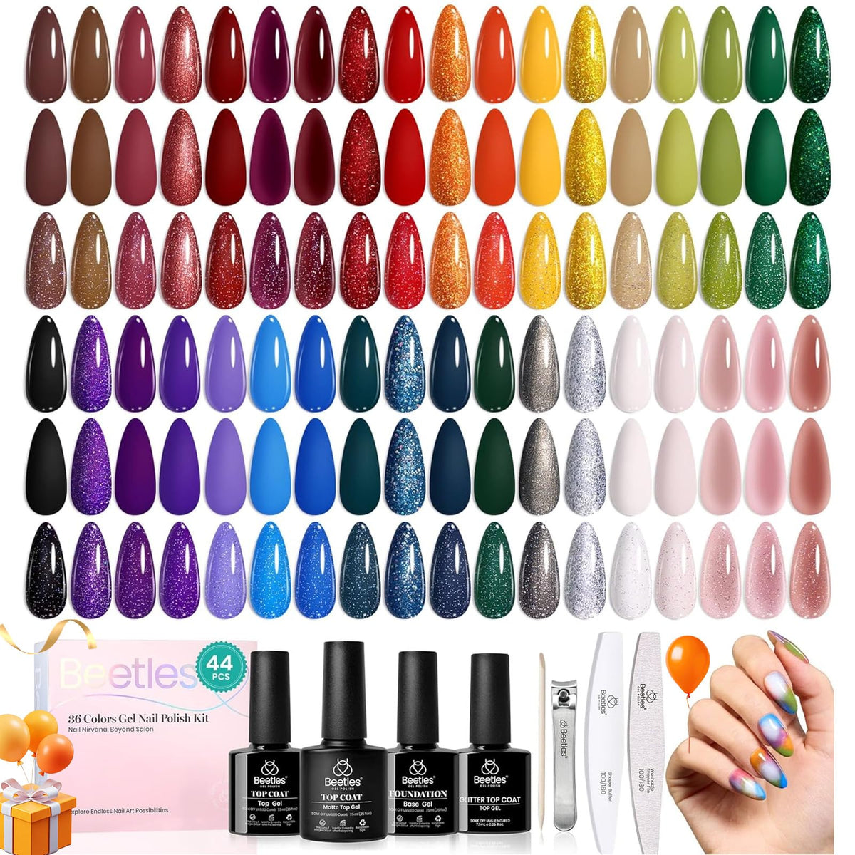 Beetles Fall Gel Nail Kit cover shot showing 36 colors for versatile manicures