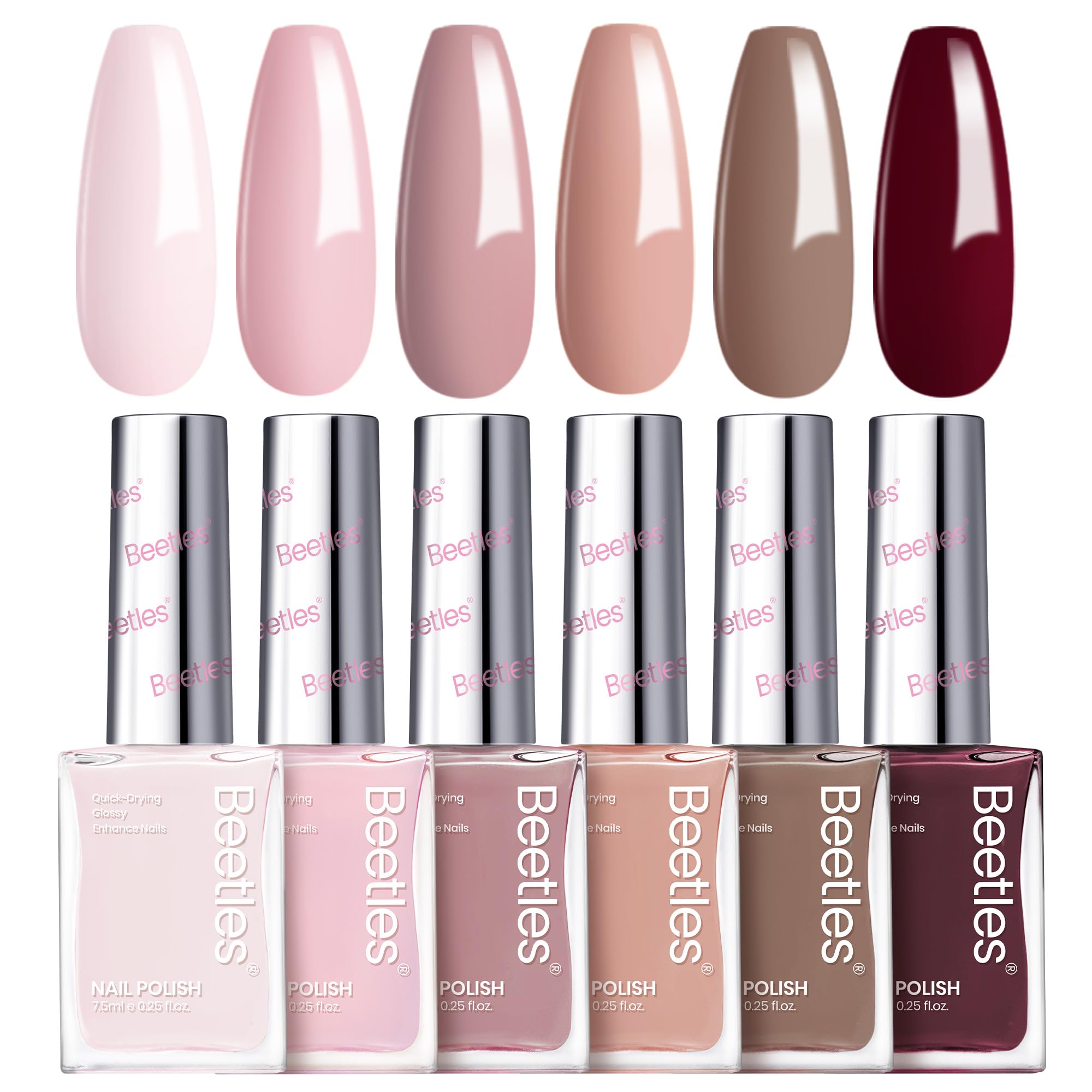 Beetles Gel Polish Coconut Mousse six-color palette for quick-dry nude nails.