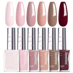 Beetles Gel Polish Coconut Mousse six-color palette for quick-dry nude nails.