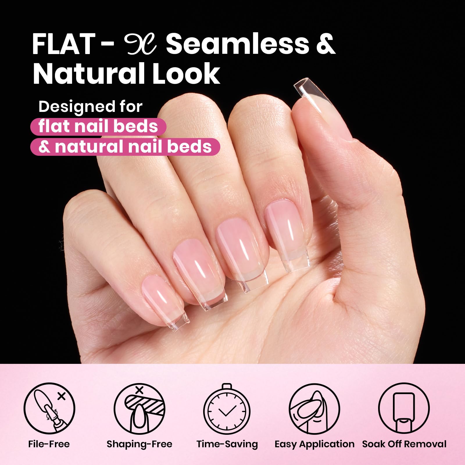 Beetles Flat-X almond coffin short tips half-matte texture highlights beginner-friendly extensions.