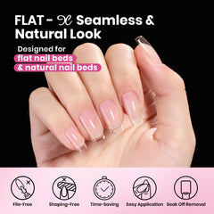 Beetles Flat-X almond coffin short tips half-matte texture highlights beginner-friendly extensions.