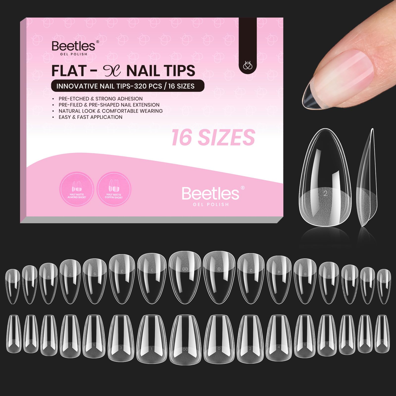 Beetles Flat-X almond coffin short tips package for precise fit on flat nails and easy DIY extensions.