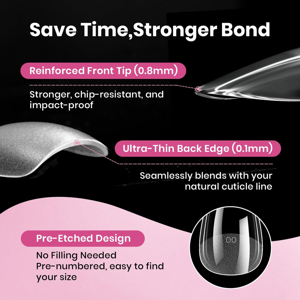 Beetles Flat-X almond coffin short tips soft PMMA design minimizes stress on natural nails.