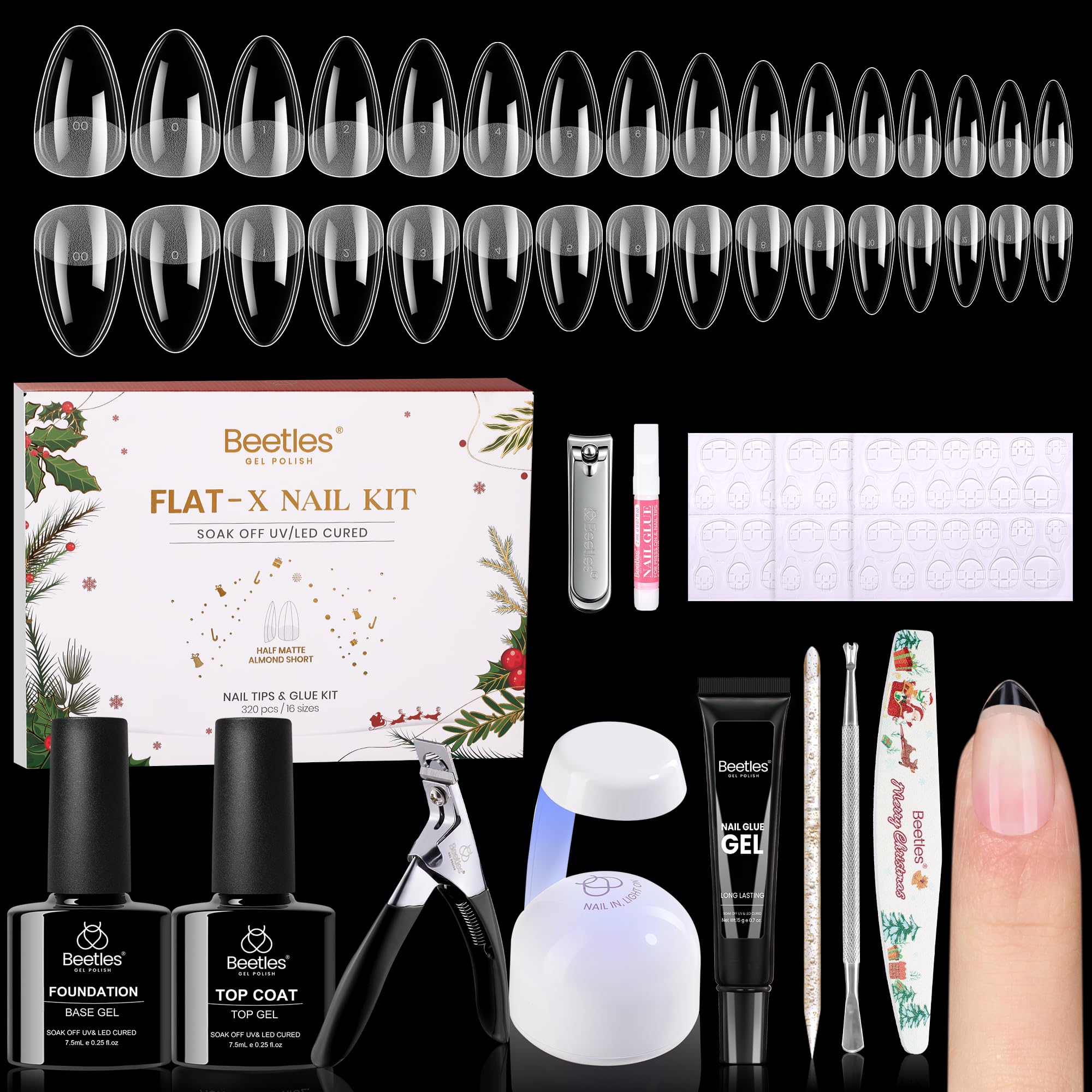 Beetles Gel Polish Flat-X almond nail tips close-up showing flush fit on natural nails for smooth wear