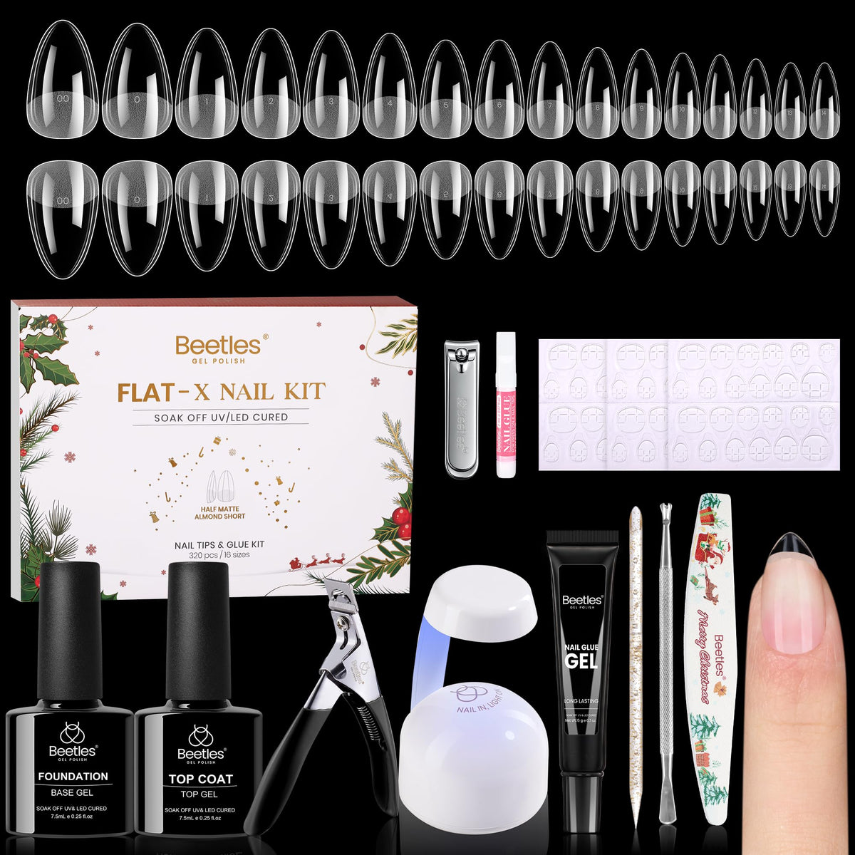 Beetles Gel Polish Flat-X almond nail tips close-up showing flush fit on natural nails for smooth wear