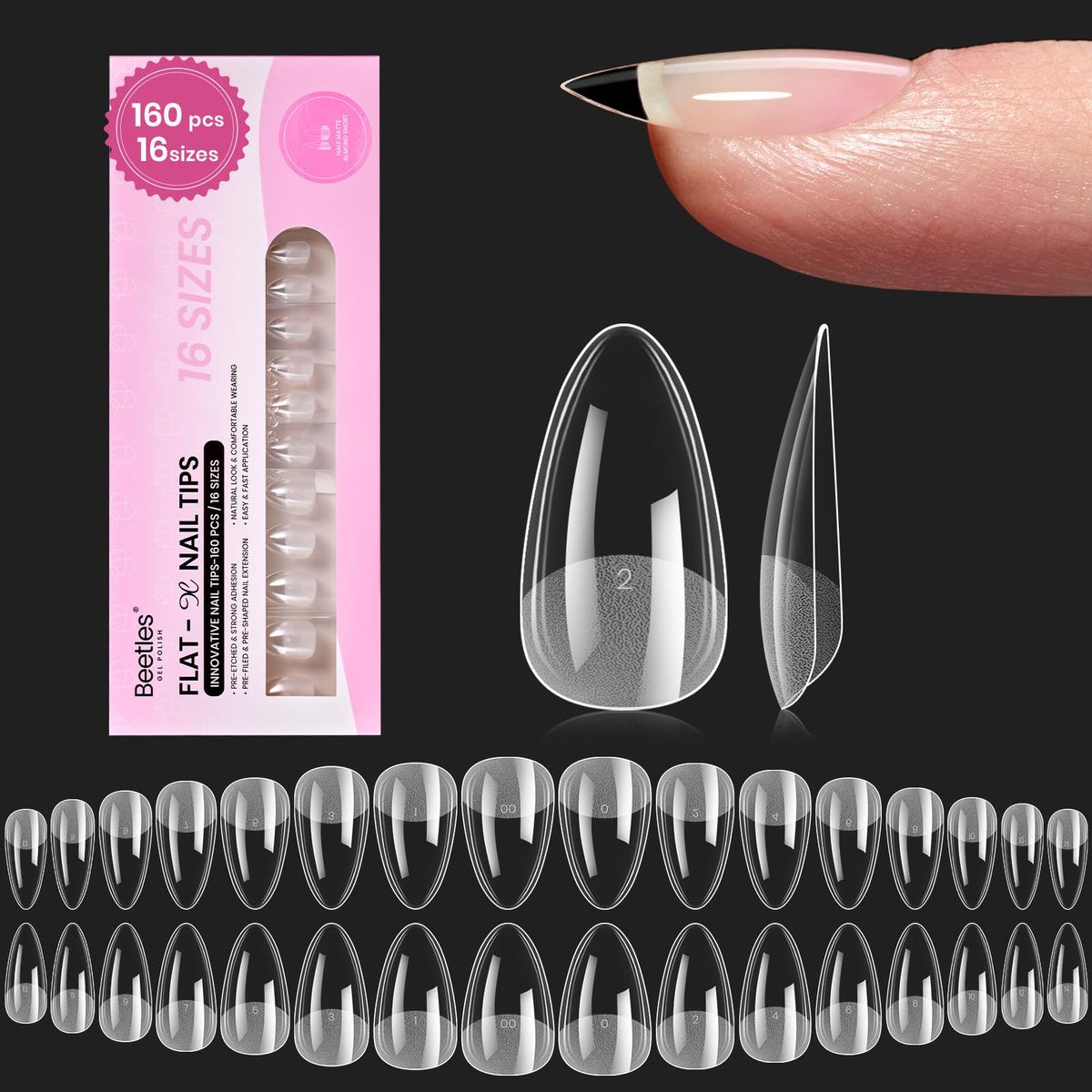 Beetles Flat-X Almond Short nail tips pre-etched for secure fit and long wear.