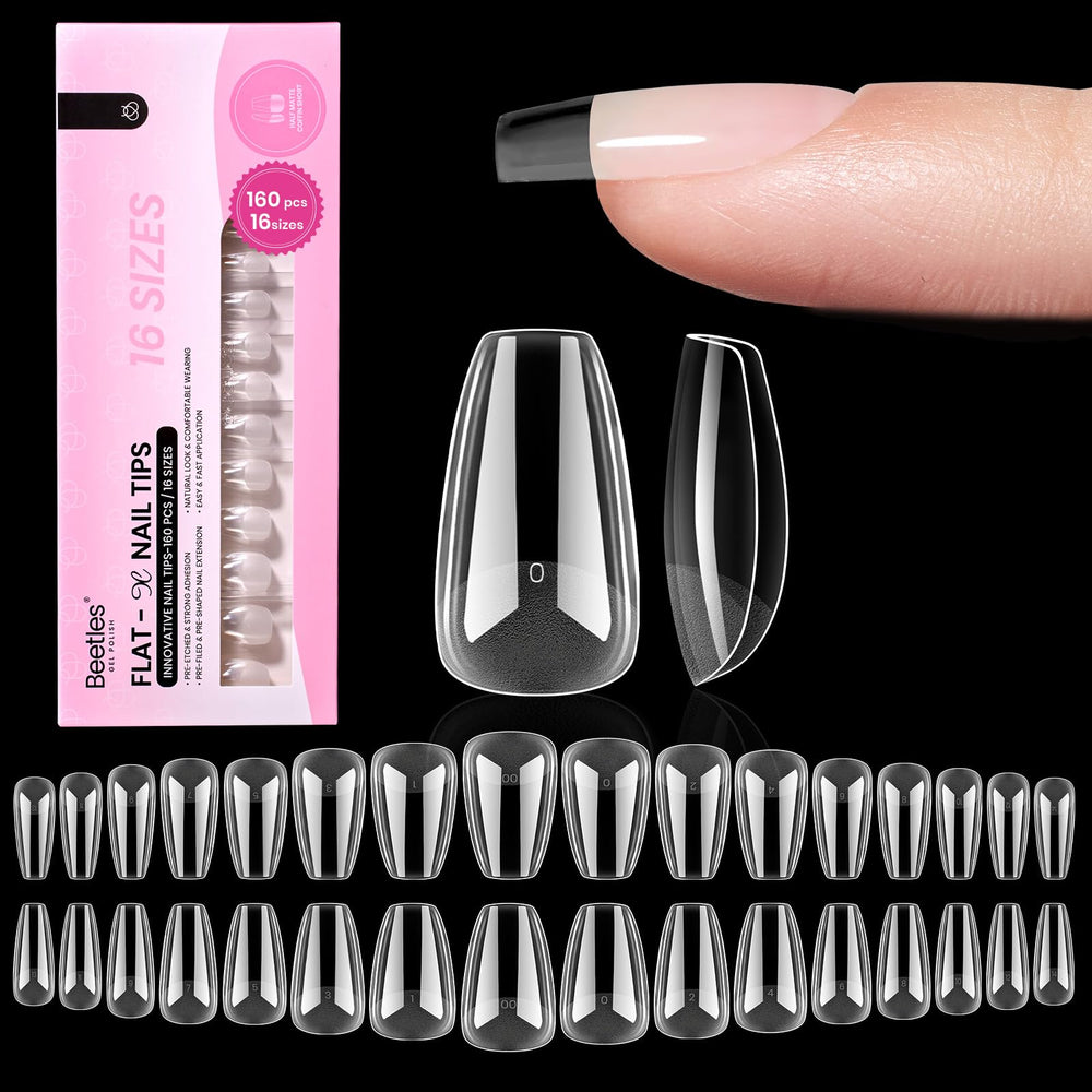 Beetles Flat-X coffin short tips closeup shows secure no-lift fit on flat nails.