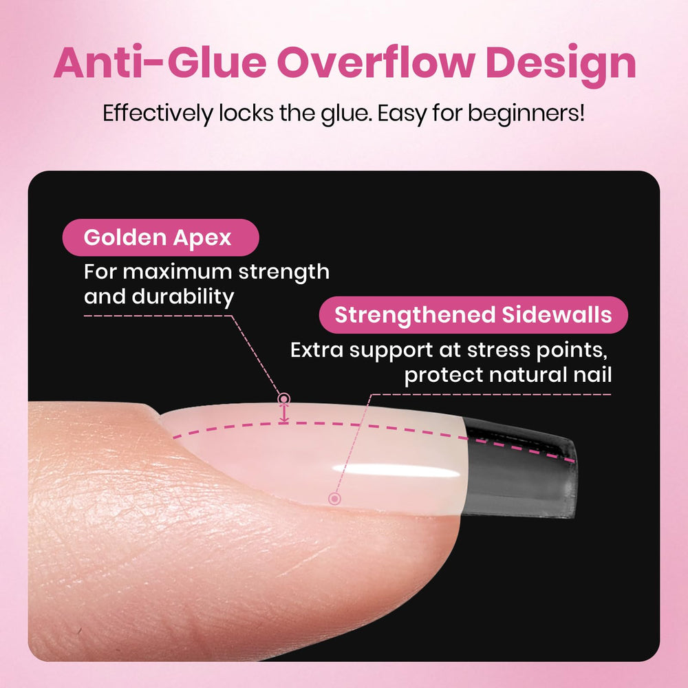 Beetles Flat-X coffin short tips full-coverage clear nails display.