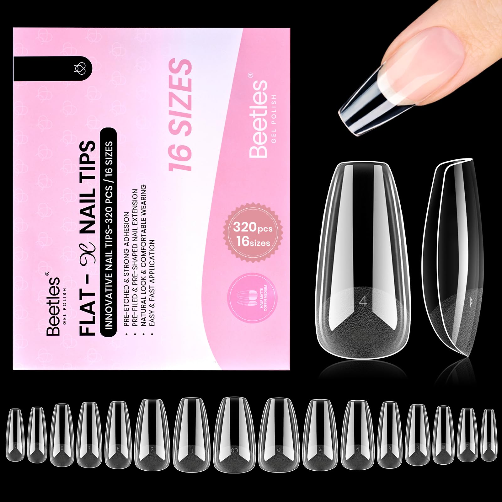 Beetles Flat-X coffin medium nail tips 320-piece set for secure all-day wear