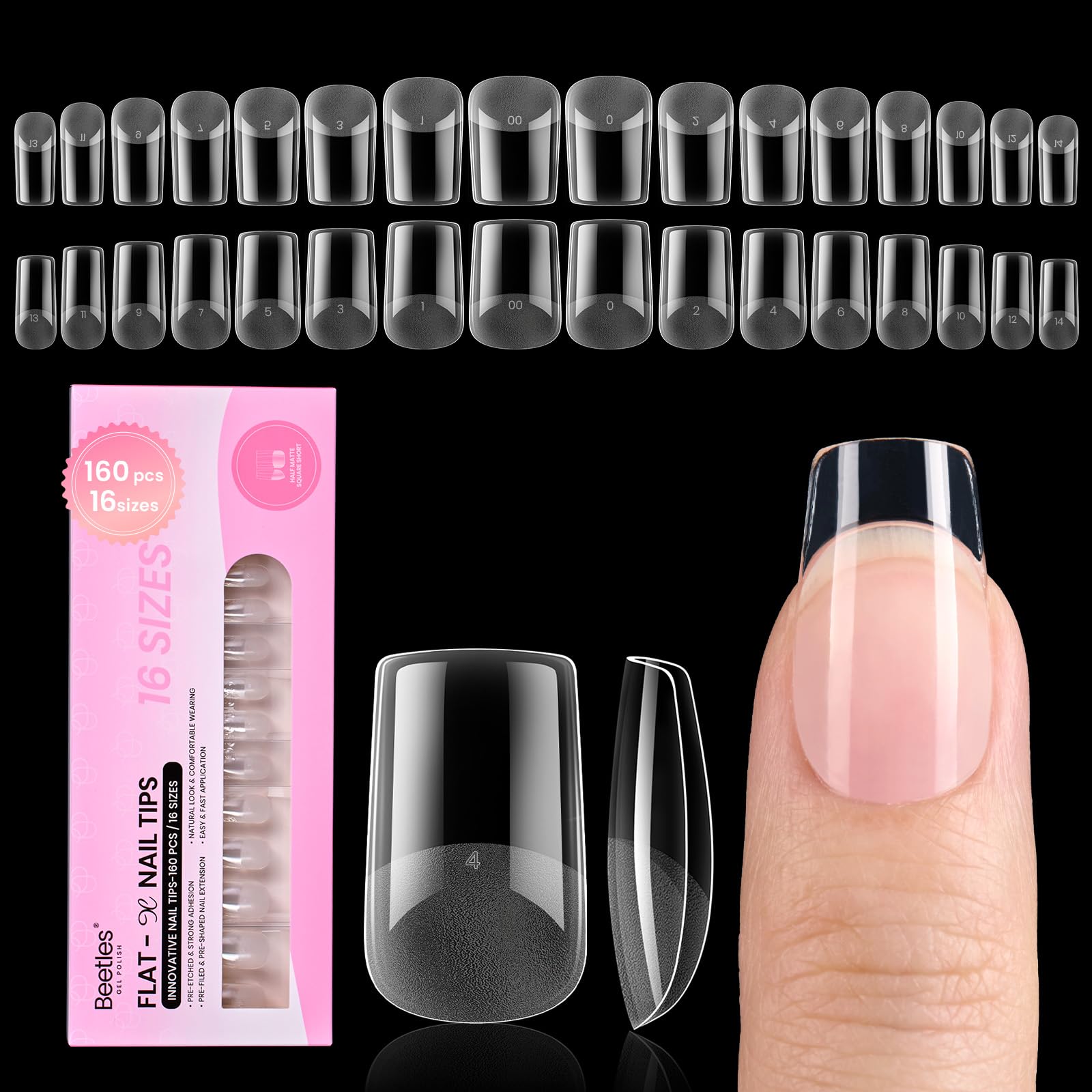 Beetles Flat-X Nail Tips packaging highlights the 160-piece kit for at-home use