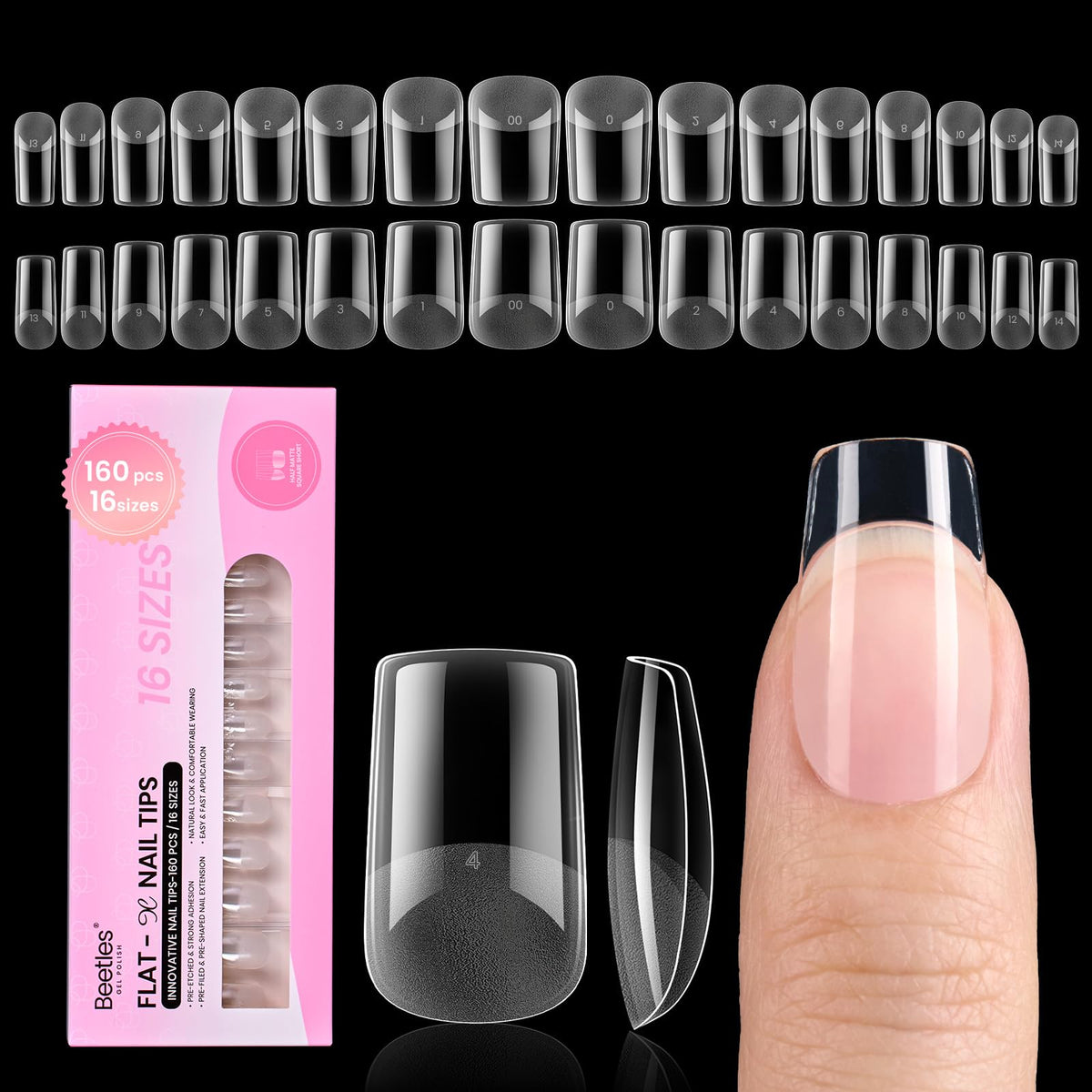 Beetles Flat-X Nail Tips packaging highlights the 160-piece kit for at-home use