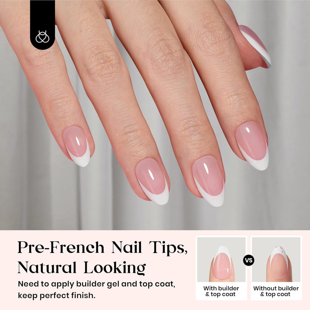 Beetles French Tips pink almond tips closeup showing durable edge design for lasting wear.