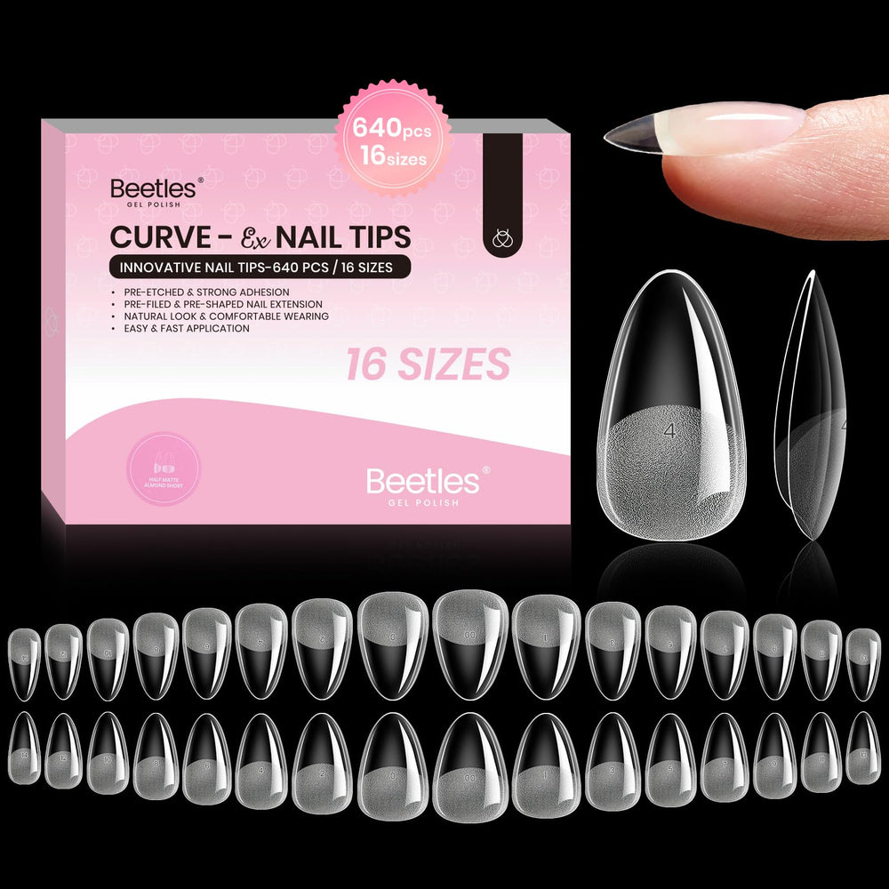 Beetles Gel Curve-EX almond tip closeup shows secure fit and elegant arch for natural nails.