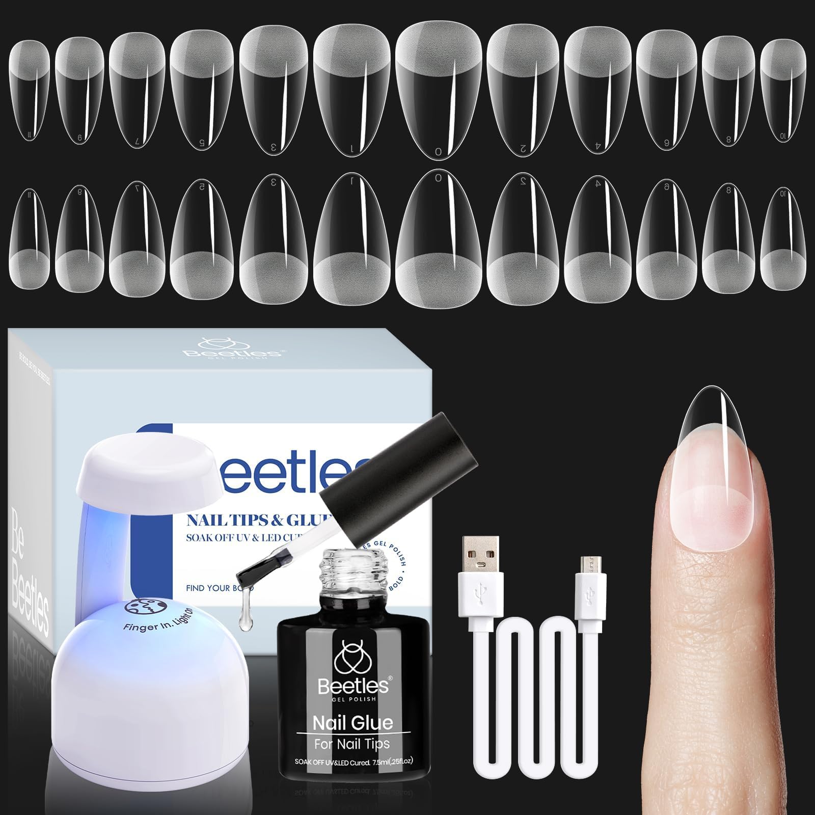 Beetles Gel Nail Extension Kit almond shape set with mini lamp for quick at-home manicures.