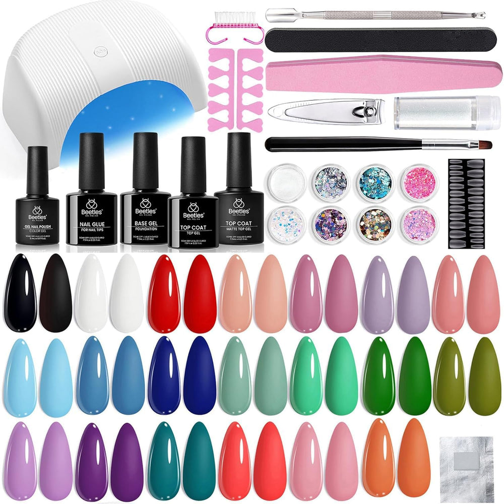 Beetles gel-nail-kit-34pcs-colors shows versatile DIY color options for at home nails.