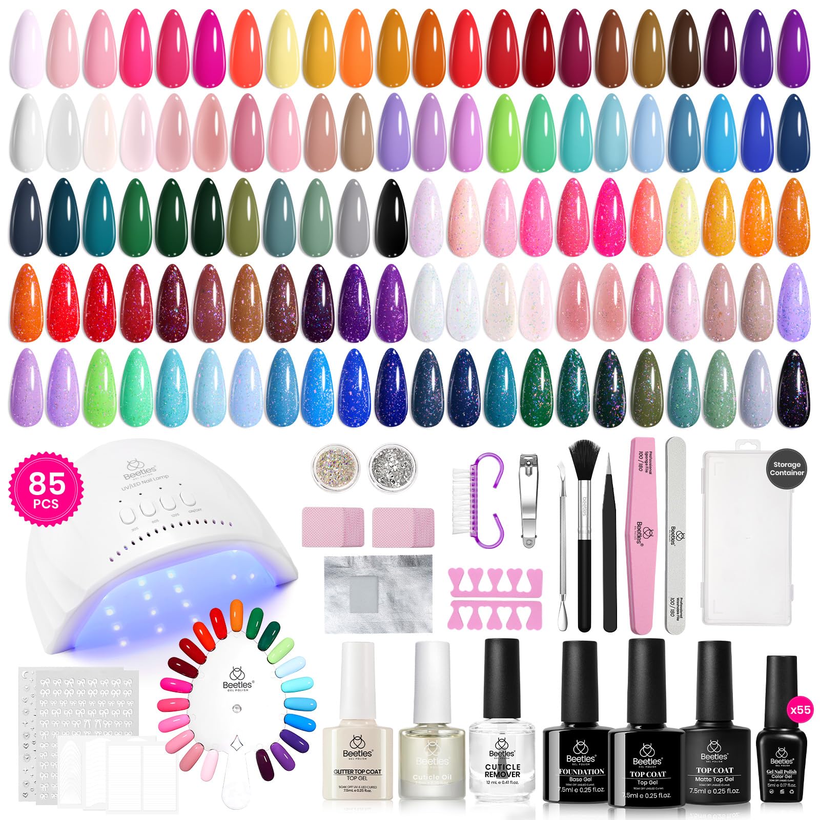 Beetles Gel Nail Kit 55-color swatches offer at-home manicure versatility.