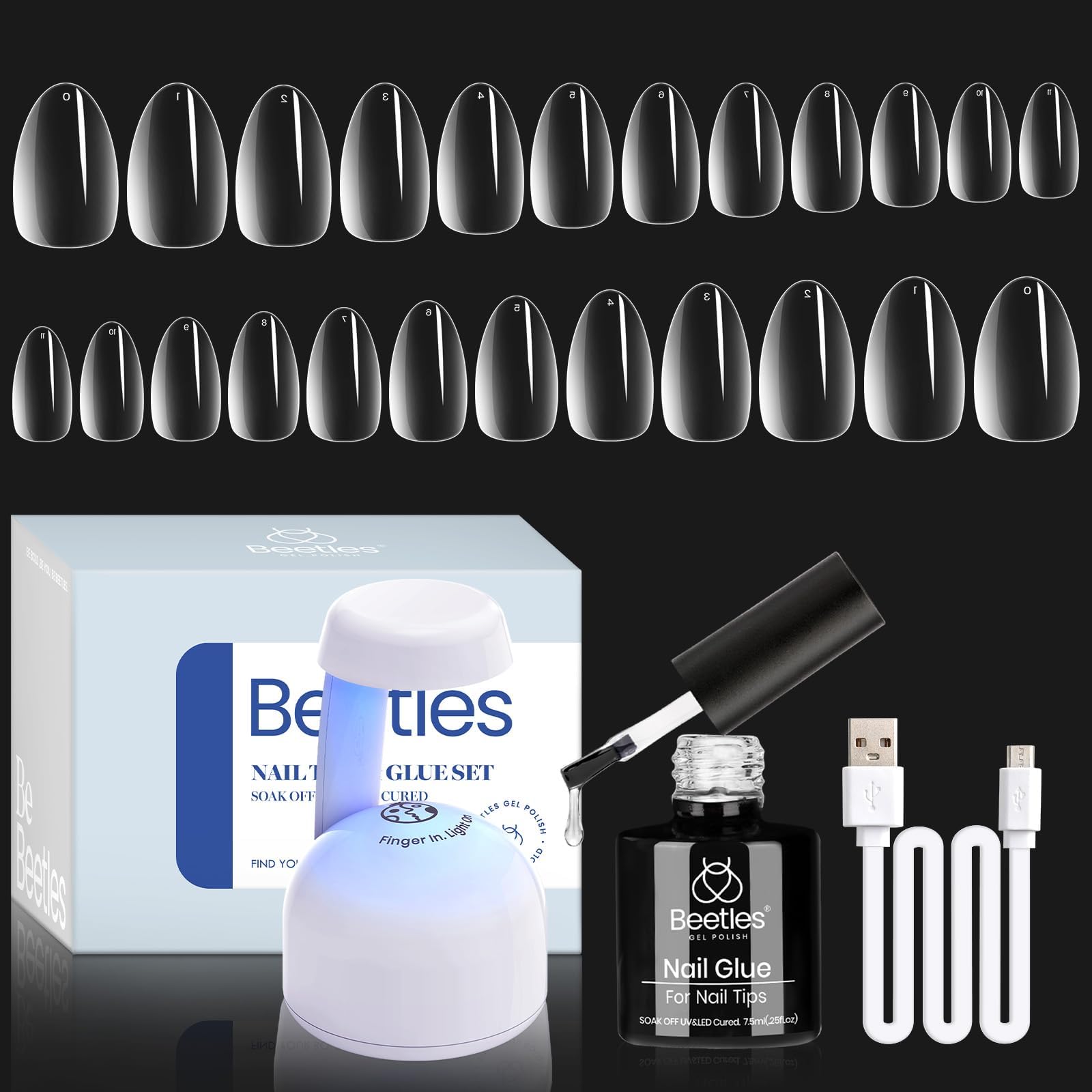 Beetles gel nail kit almond short with UV lamp for quick at-home manicures.