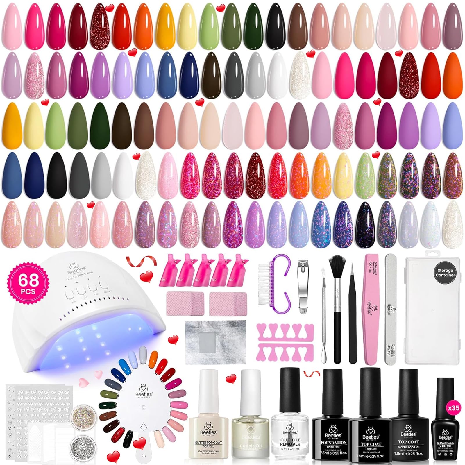 Beetles Gel Nail Polish Kit Contents showcase everything included for DIY mani-pedi projects