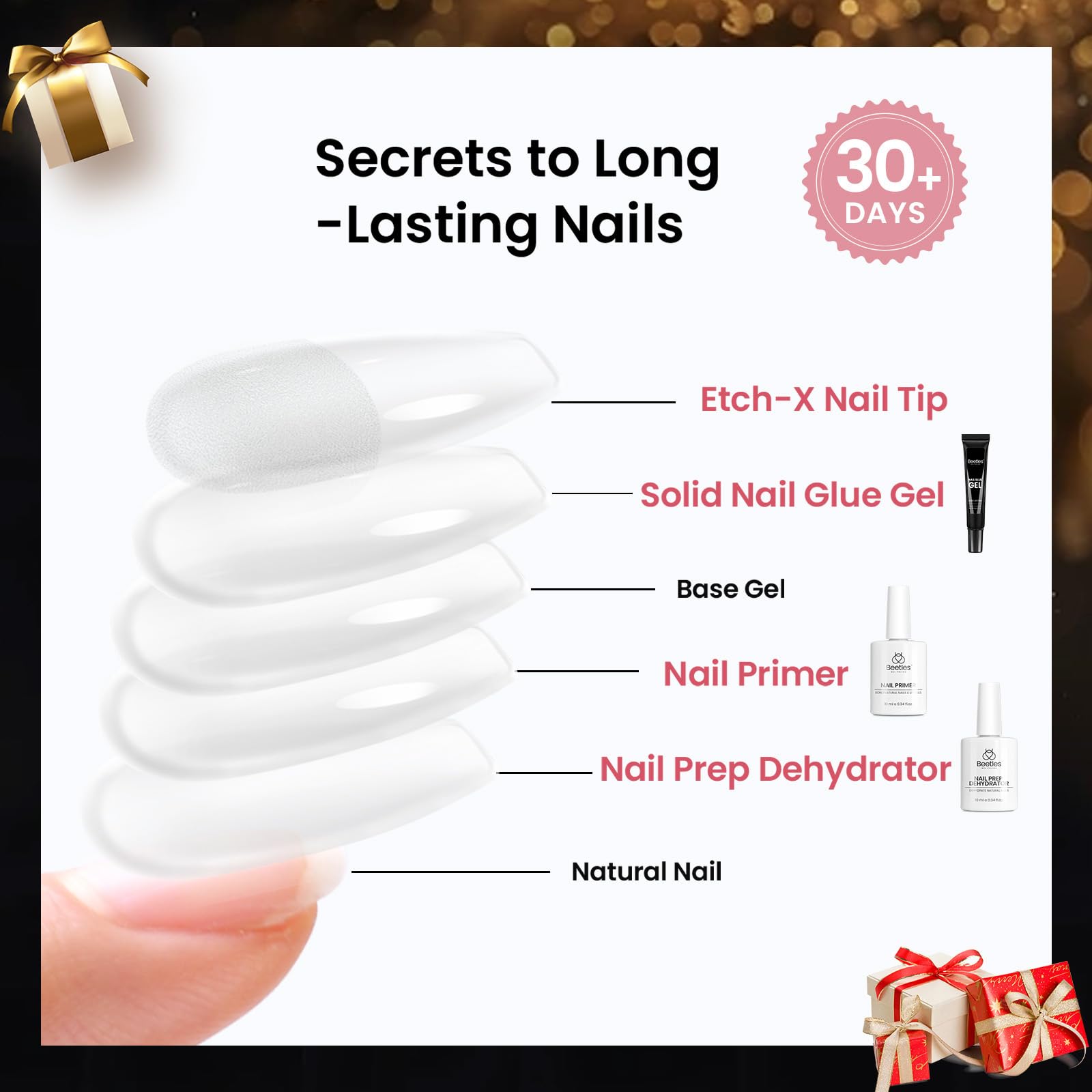 Beetles Gel Nail Kit Medium Almond tips pack highlights 576 half-matte almond tips