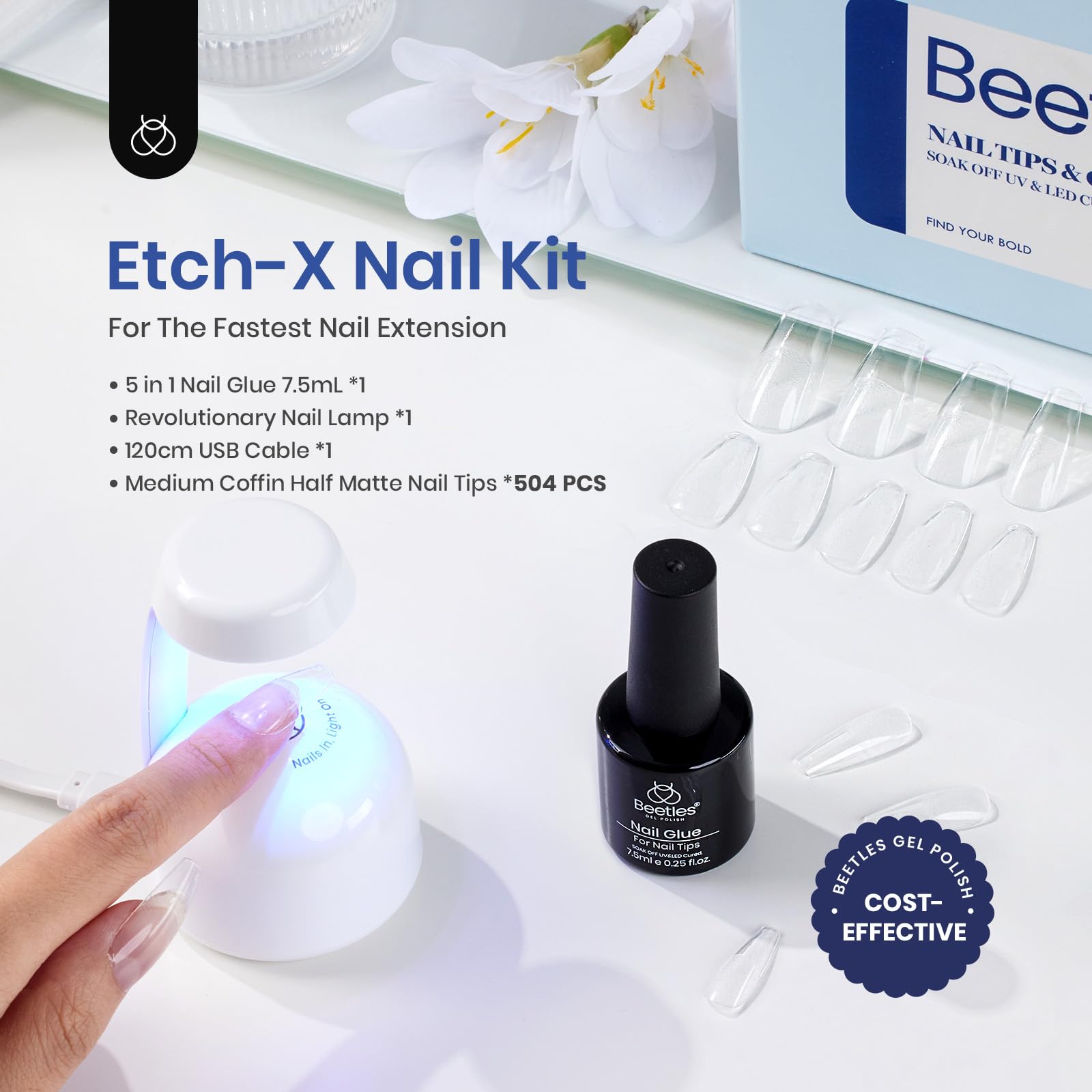 Beetles Gel Nail Kit pre-filed coffin tips for fast, secure adhesion.