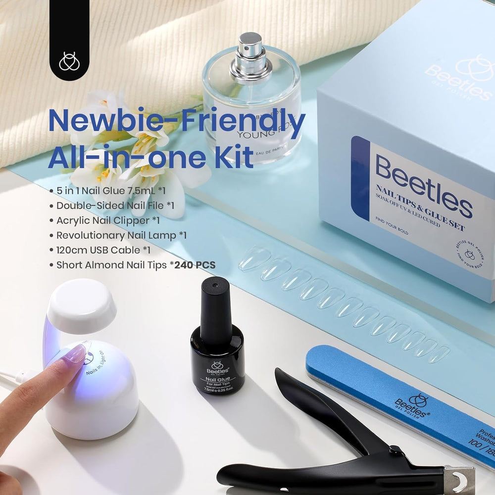 Beetles Gel Nail Kit Short Almond nail glue illustrates 5-in-1 versatility for DIY art