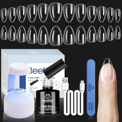 Beetles Gel Nail Kit with short almond tips for precise DIY manicure.