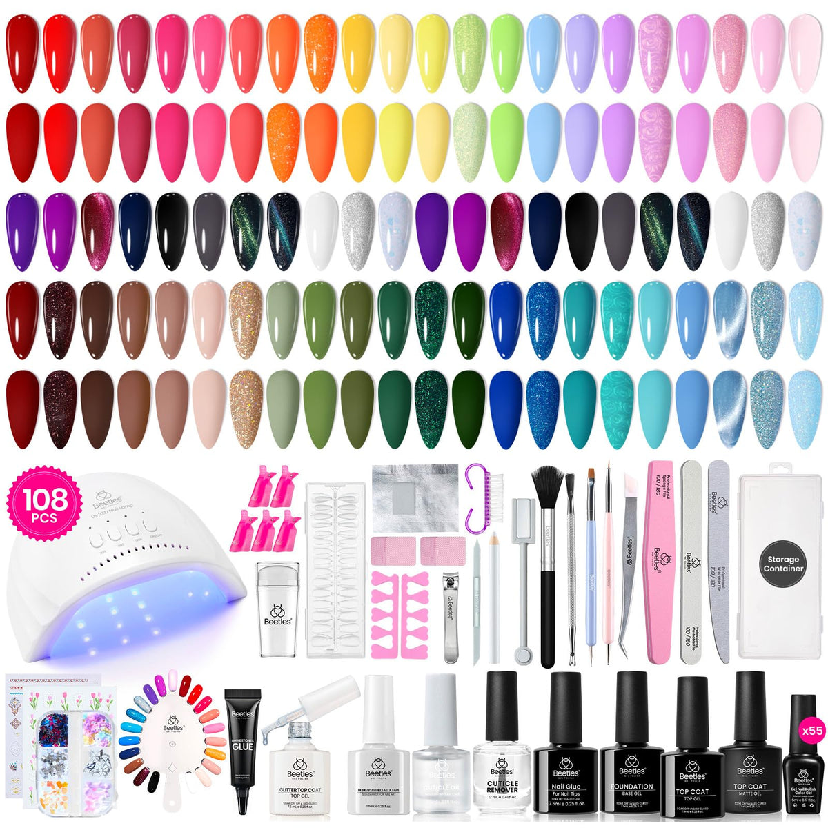 Beetles Gel Nail Polish Kit color swatch shows 55 hues for versatile manicures.