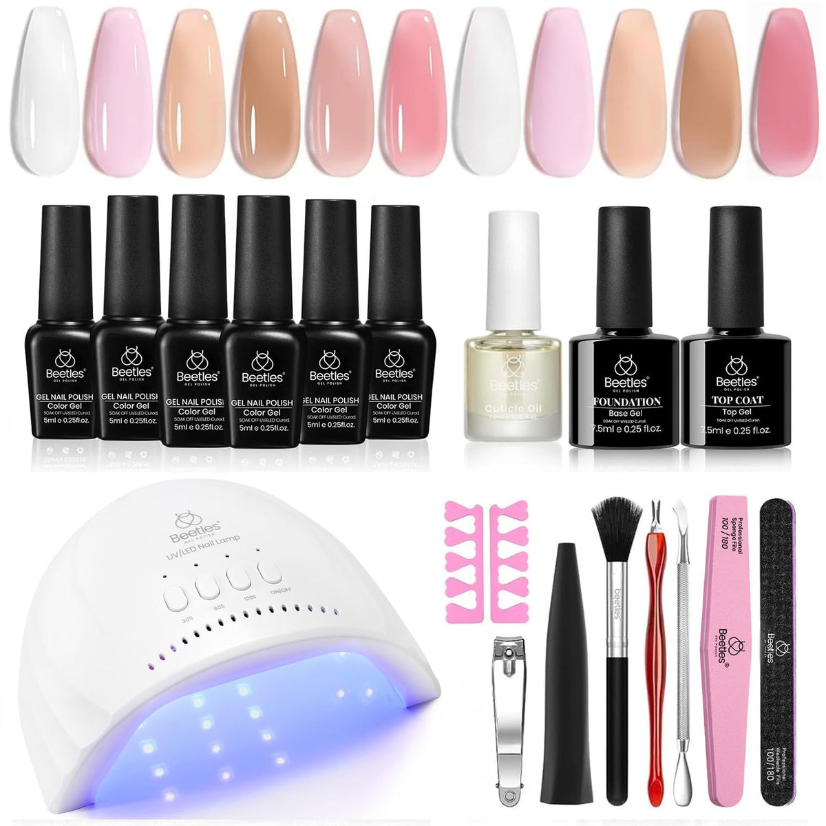 Beetles gel nail polish kit lamp close-up shows compact home manicure setup