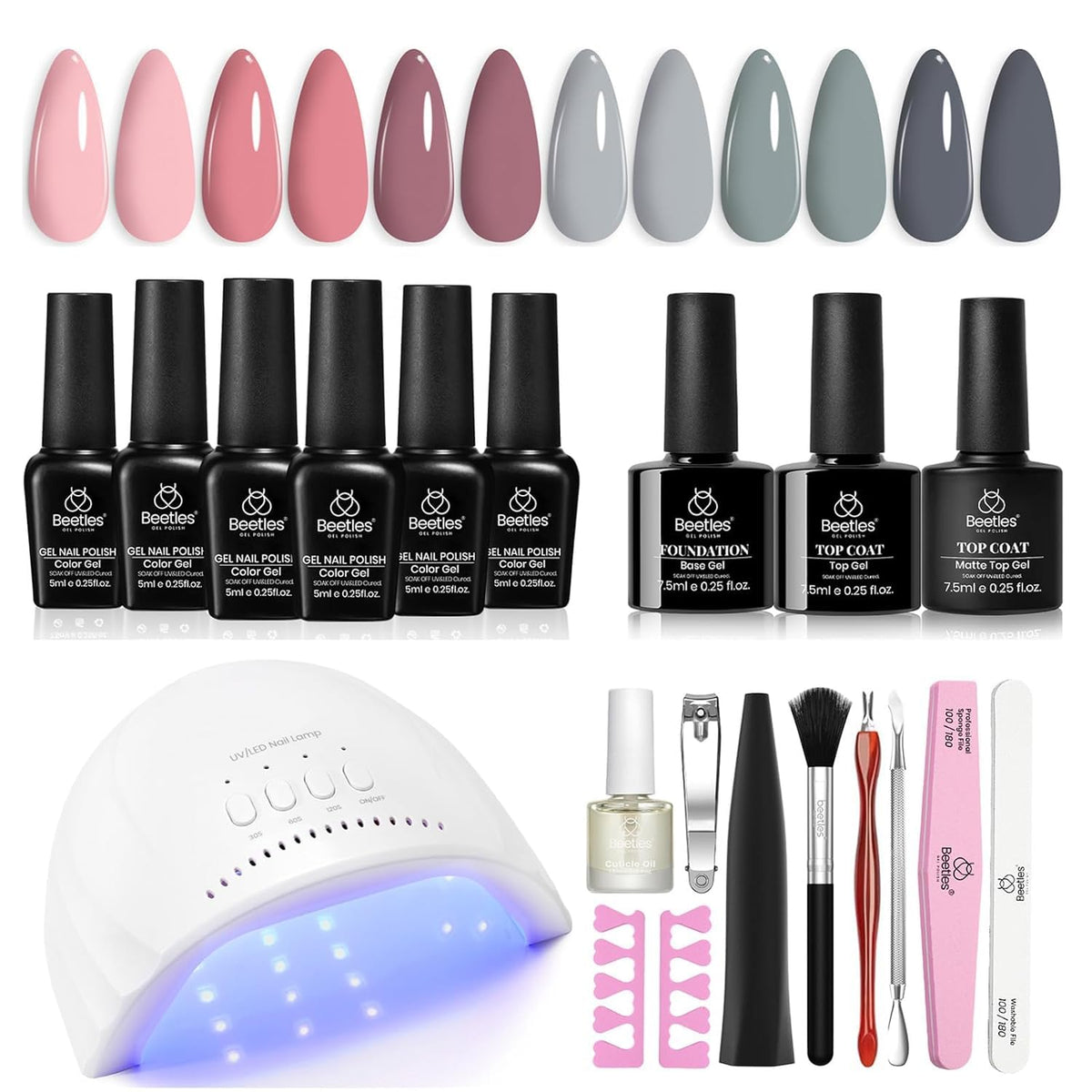 Beetles gel nail kit with UV-LED lamp for salon-grade at-home manicures.